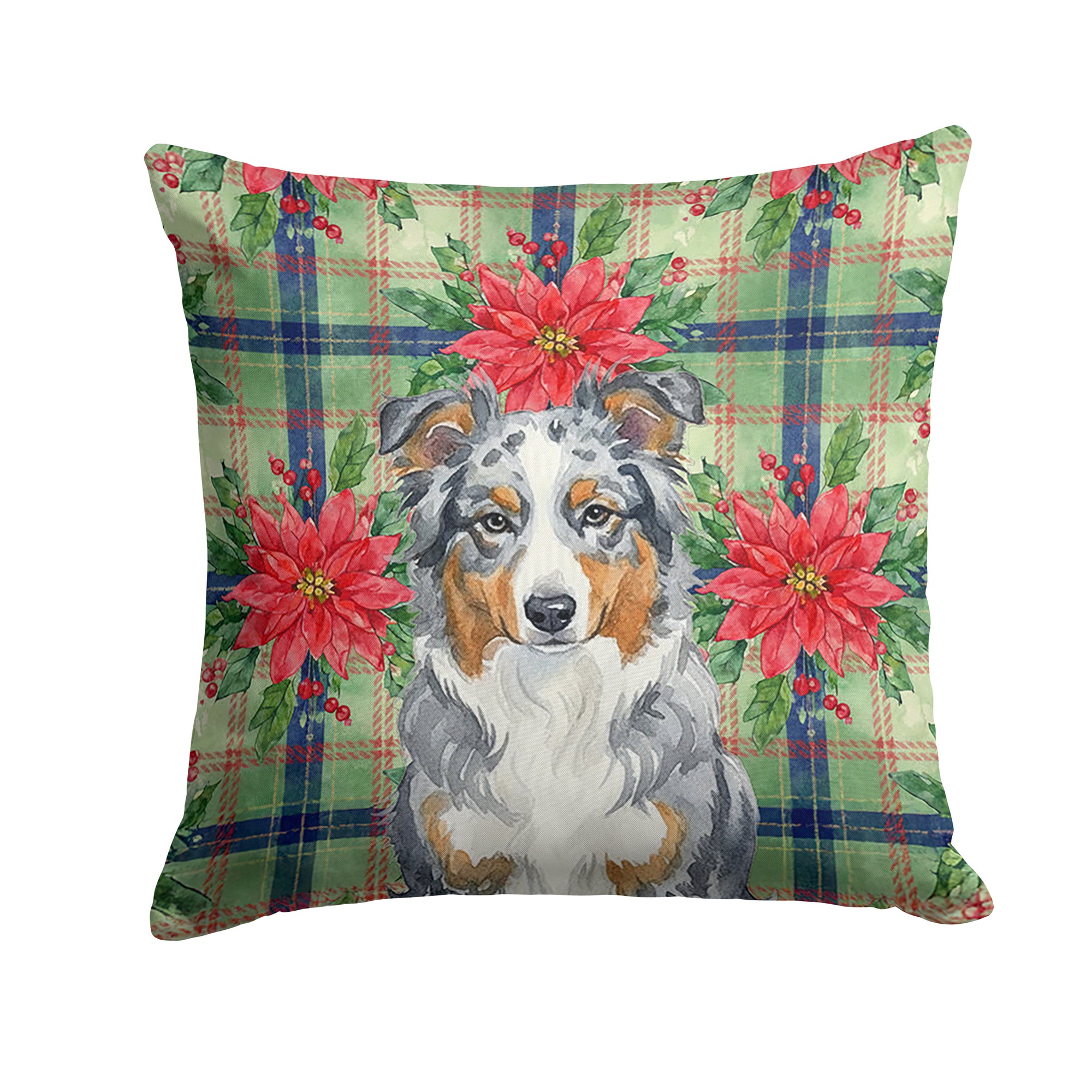 Caroline's Treasures Blue Merle American Shepherd Christmas PoinsettIas Throw Pillow
