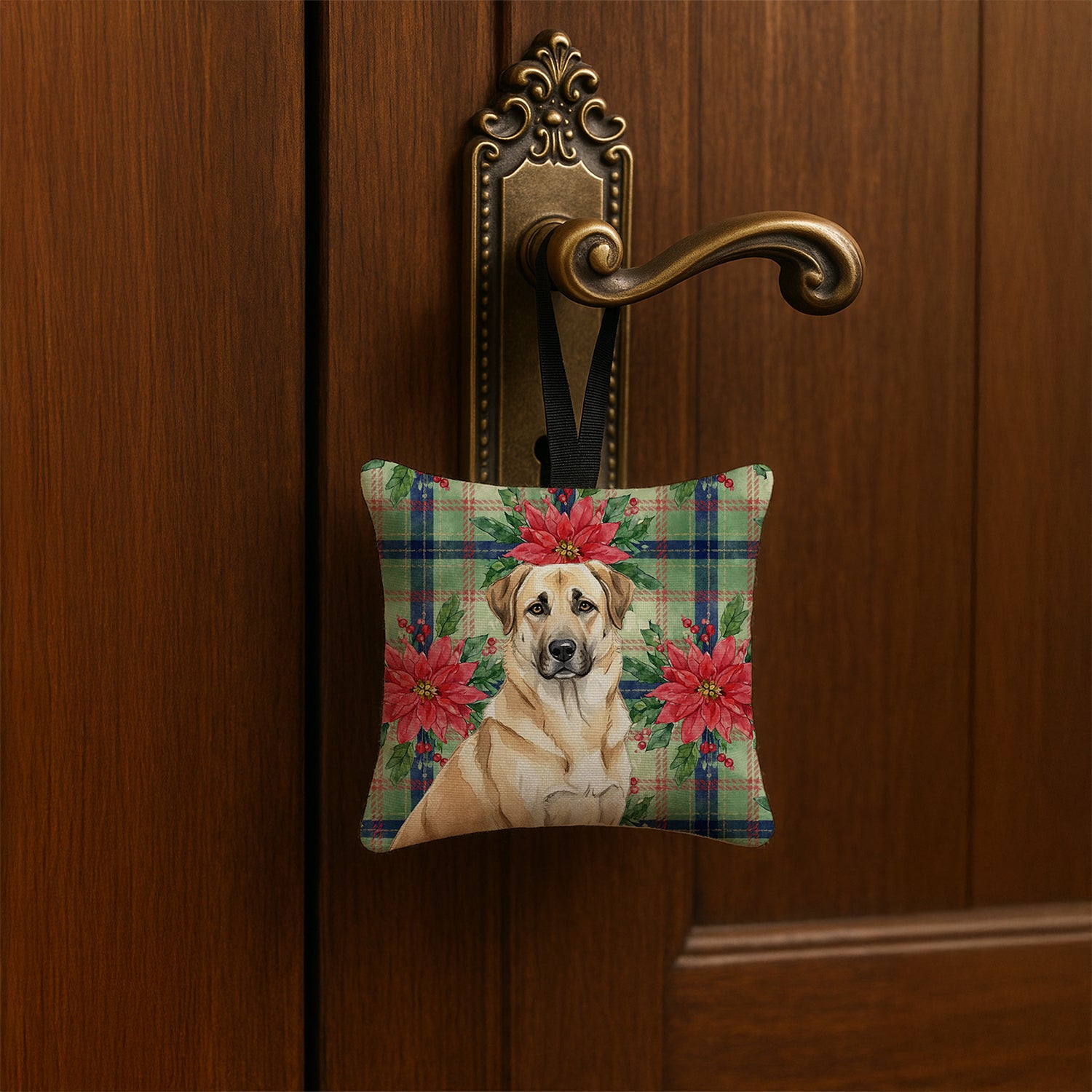 Caroline's Treasures Anatolian Shepherd Dog Christmas PoinsettIas Hanging Square Fabric Ornament 3.5 x 3.5