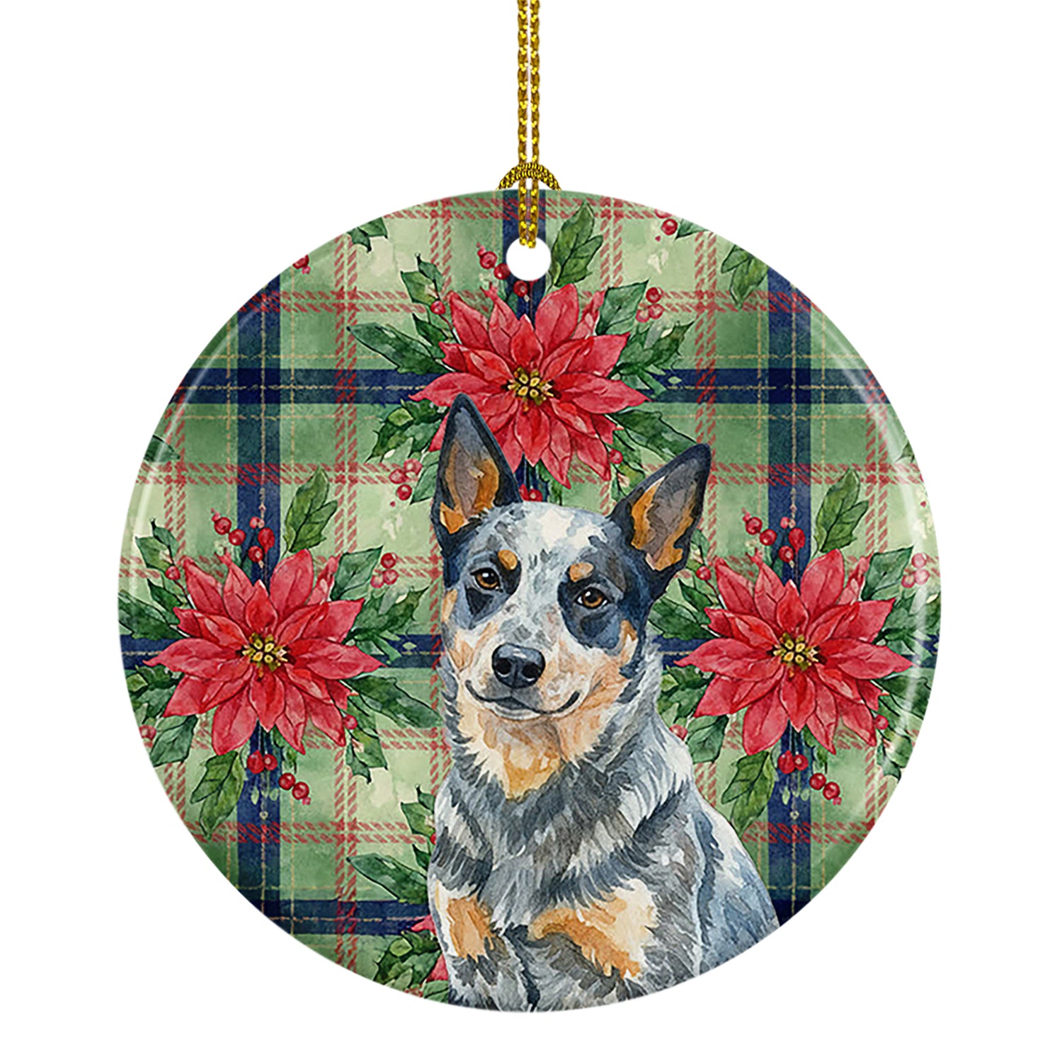 Caroline's Treasures Blue Heeler Australian Cattle Dog Christmas PoinsettIas Ceramic Ornament