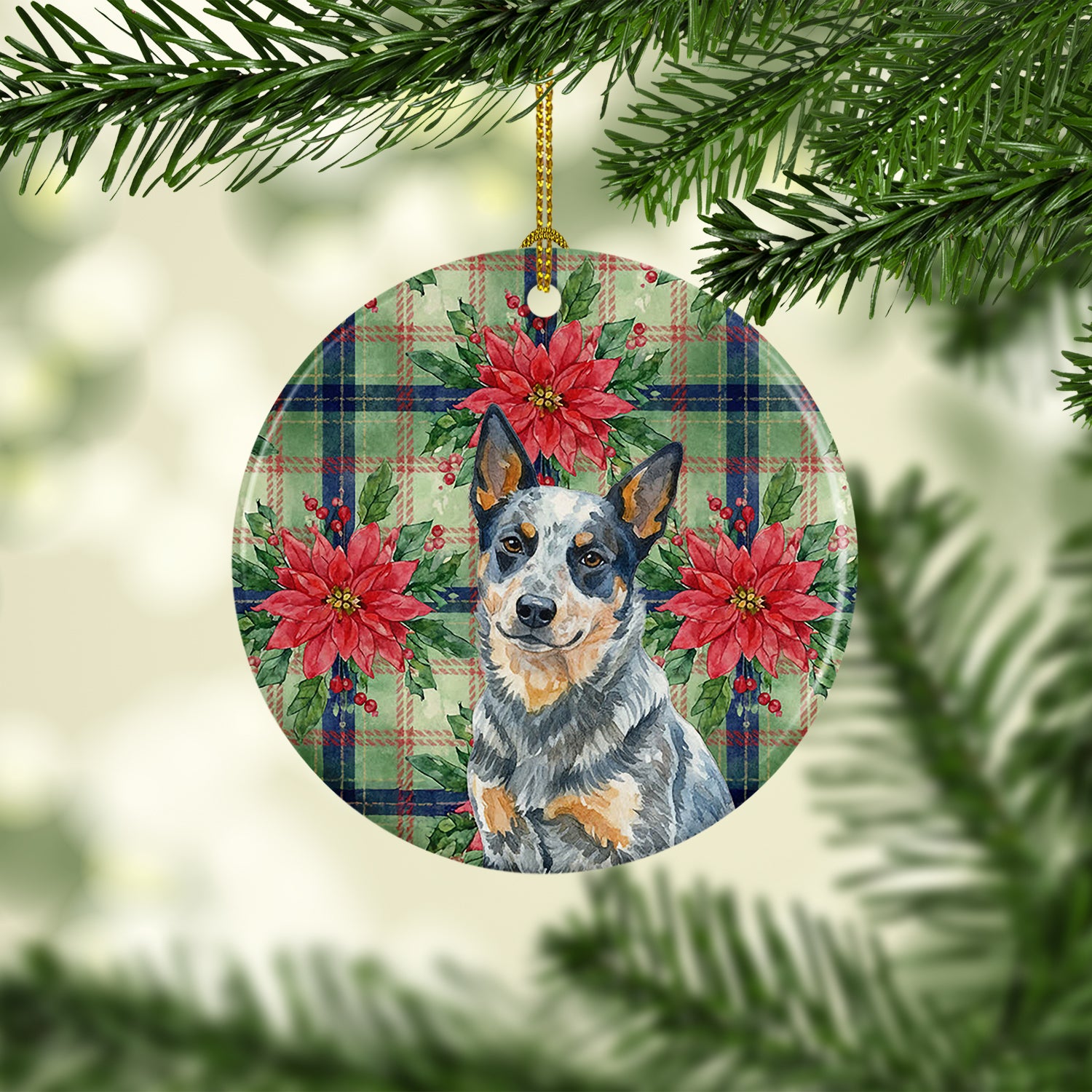 Caroline's Treasures Blue Heeler Australian Cattle Dog Christmas PoinsettIas Ceramic Ornament
