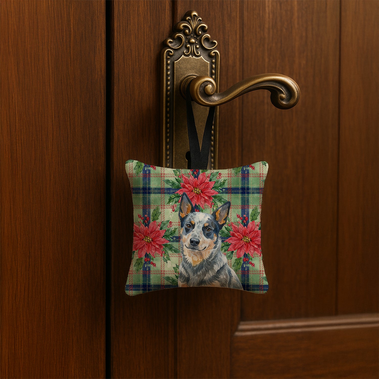 Caroline's Treasures Blue Heeler Australian Cattle Dog Christmas PoinsettIas Hanging Square Fabric Ornament 3.5 x 3.5