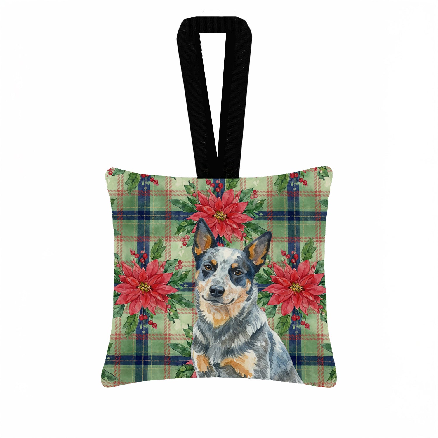 Caroline's Treasures Blue Heeler Australian Cattle Dog Christmas PoinsettIas Hanging Square Fabric Ornament 3.5 x 3.5