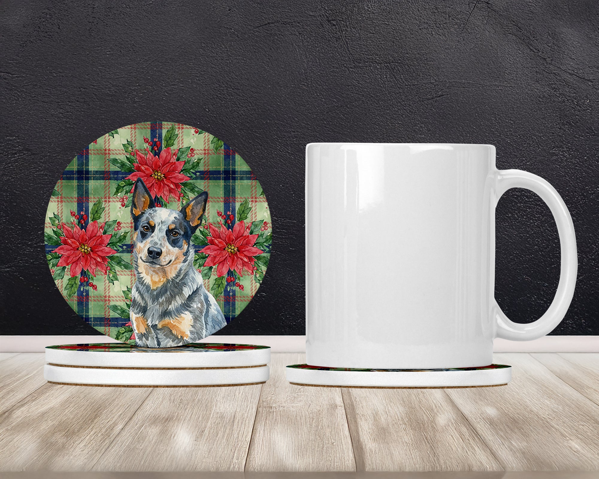 Caroline's Treasures Blue Heeler Australian Cattle Dog Christmas PoinsettIas Large Sandstone Coasters Pack of 4