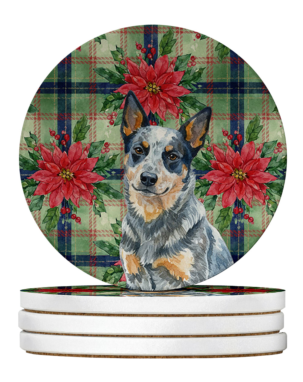 Caroline's Treasures Blue Heeler Australian Cattle Dog Christmas PoinsettIas Large Sandstone Coasters Pack of 4