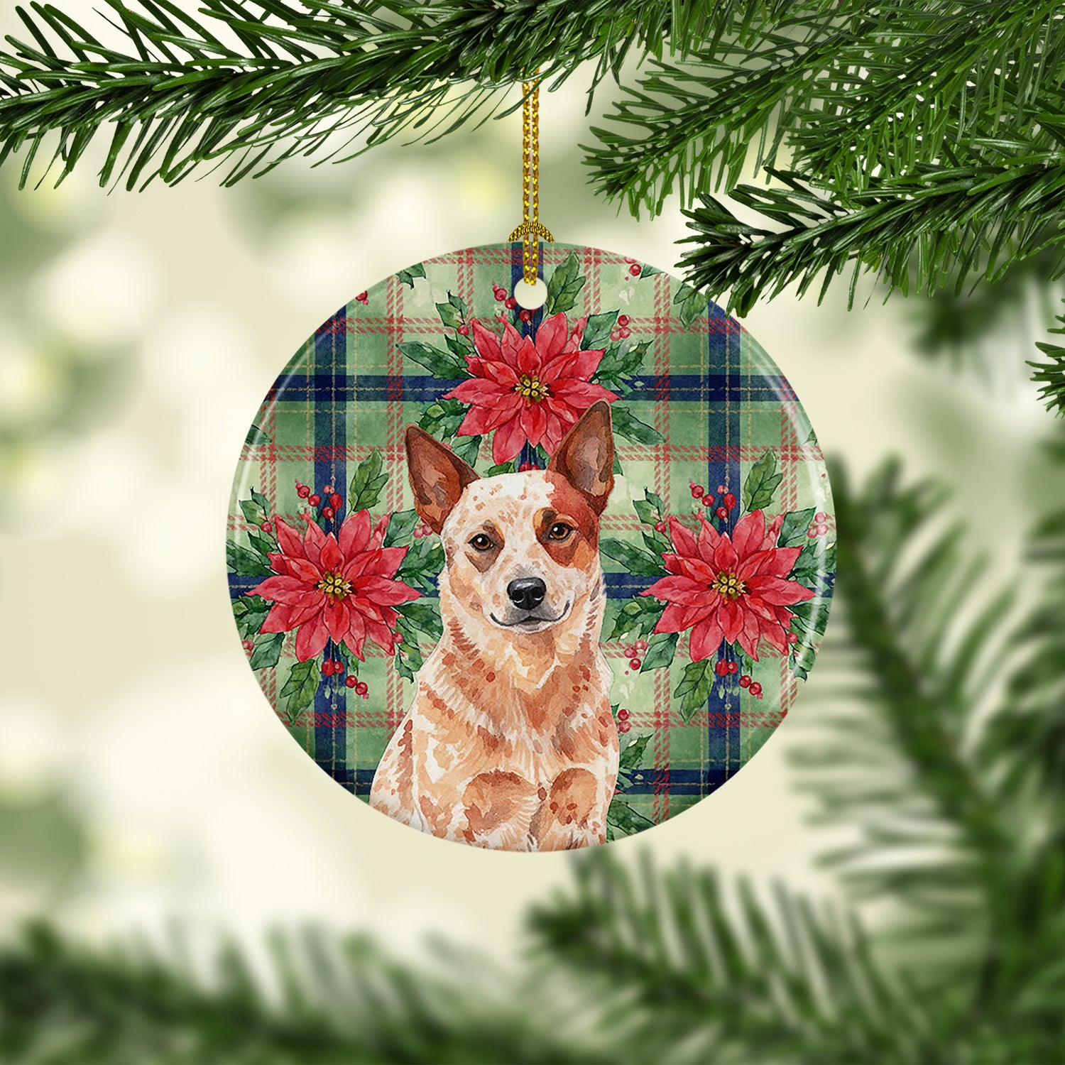 Caroline's Treasures Red Heeler Australian Cattle Dog Christmas PoinsettIas Ceramic Ornament