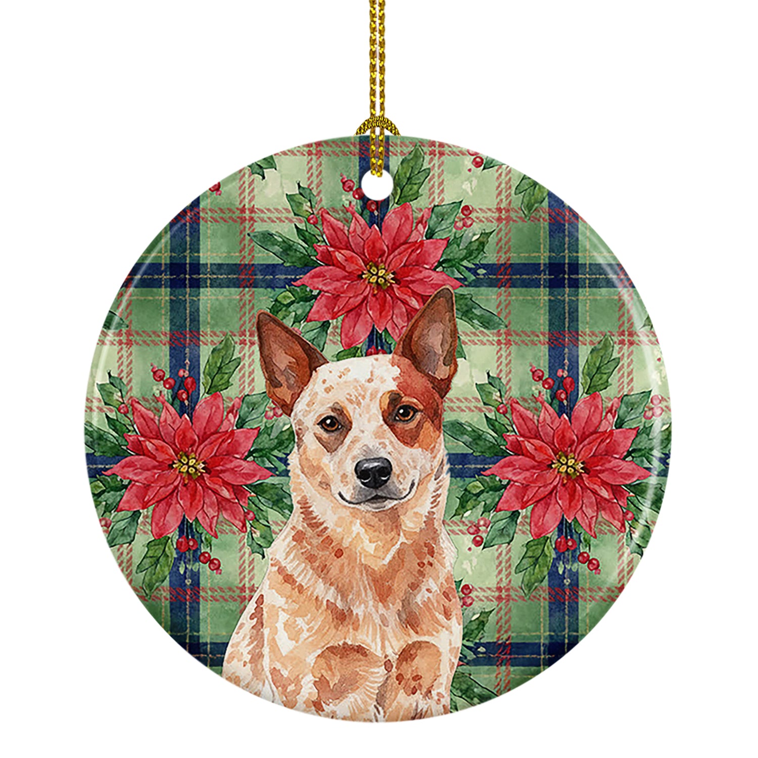 Caroline's Treasures Red Heeler Australian Cattle Dog Christmas PoinsettIas Ceramic Ornament
