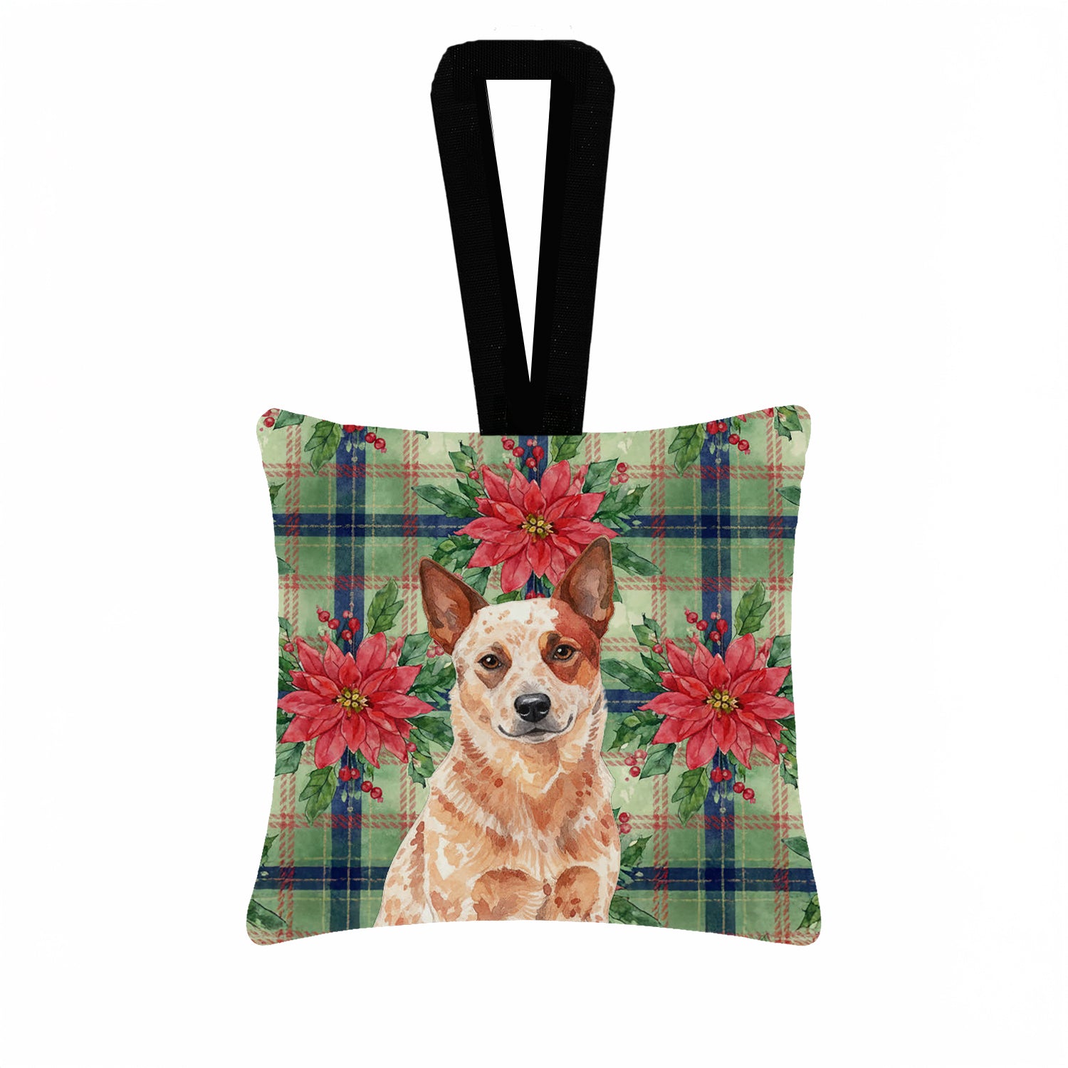Caroline's Treasures Red Heeler Australian Cattle Dog Christmas PoinsettIas Hanging Square Fabric Ornament 3.5 x 3.5