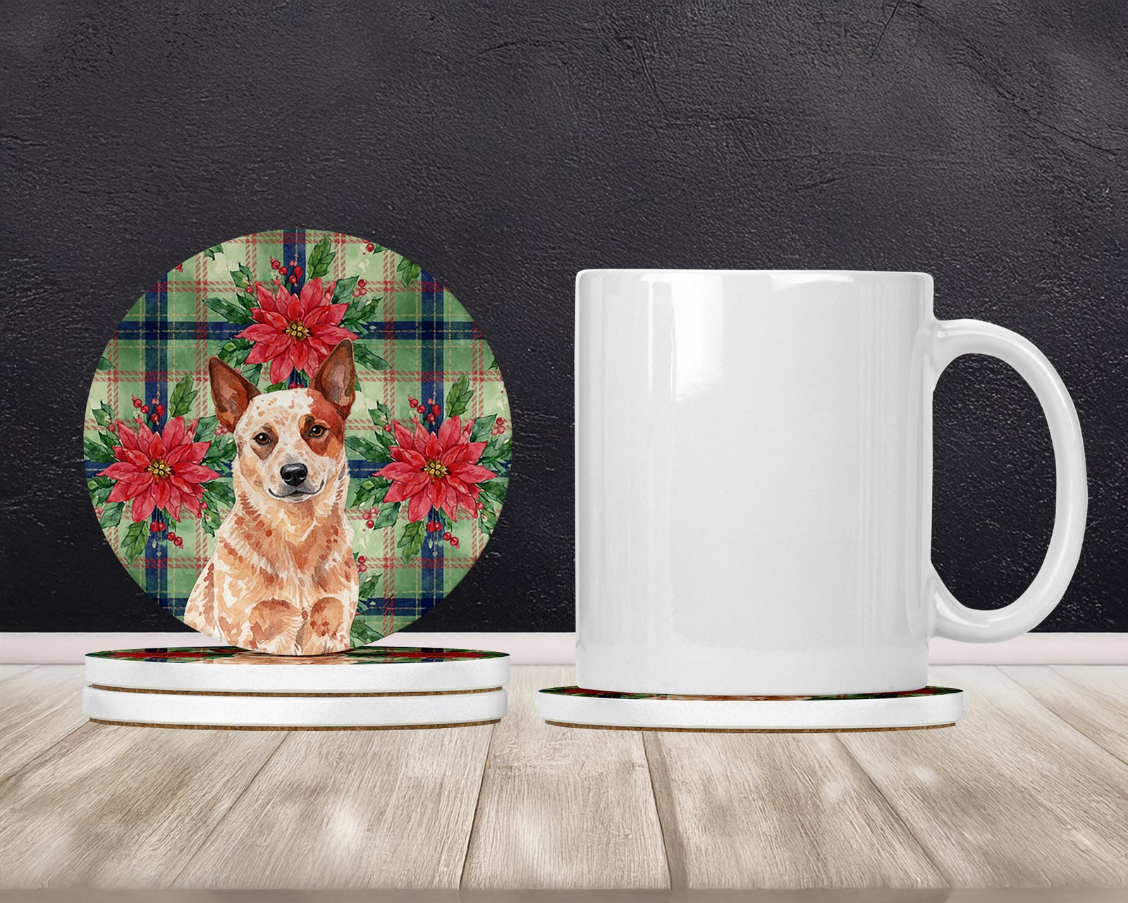 Caroline's Treasures Red Heeler Australian Cattle Dog Christmas PoinsettIas Large Sandstone Coasters Pack of 4