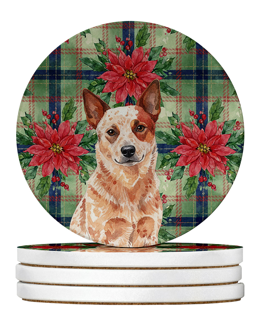 Caroline's Treasures Red Heeler Australian Cattle Dog Christmas PoinsettIas Large Sandstone Coasters Pack of 4