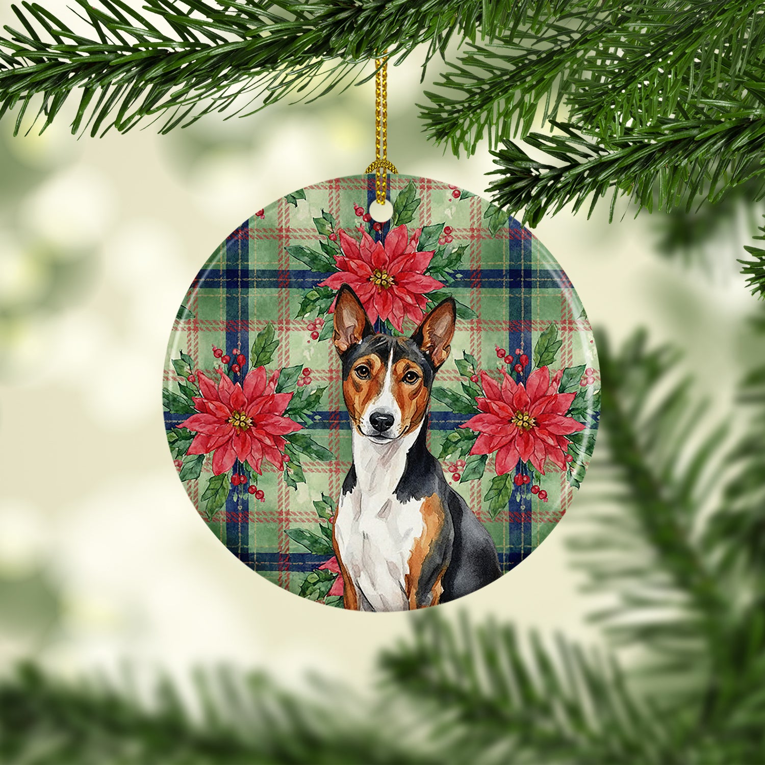 Caroline's Treasures Tricolor and White Basenji Christmas PoinsettIas Ceramic Ornament
