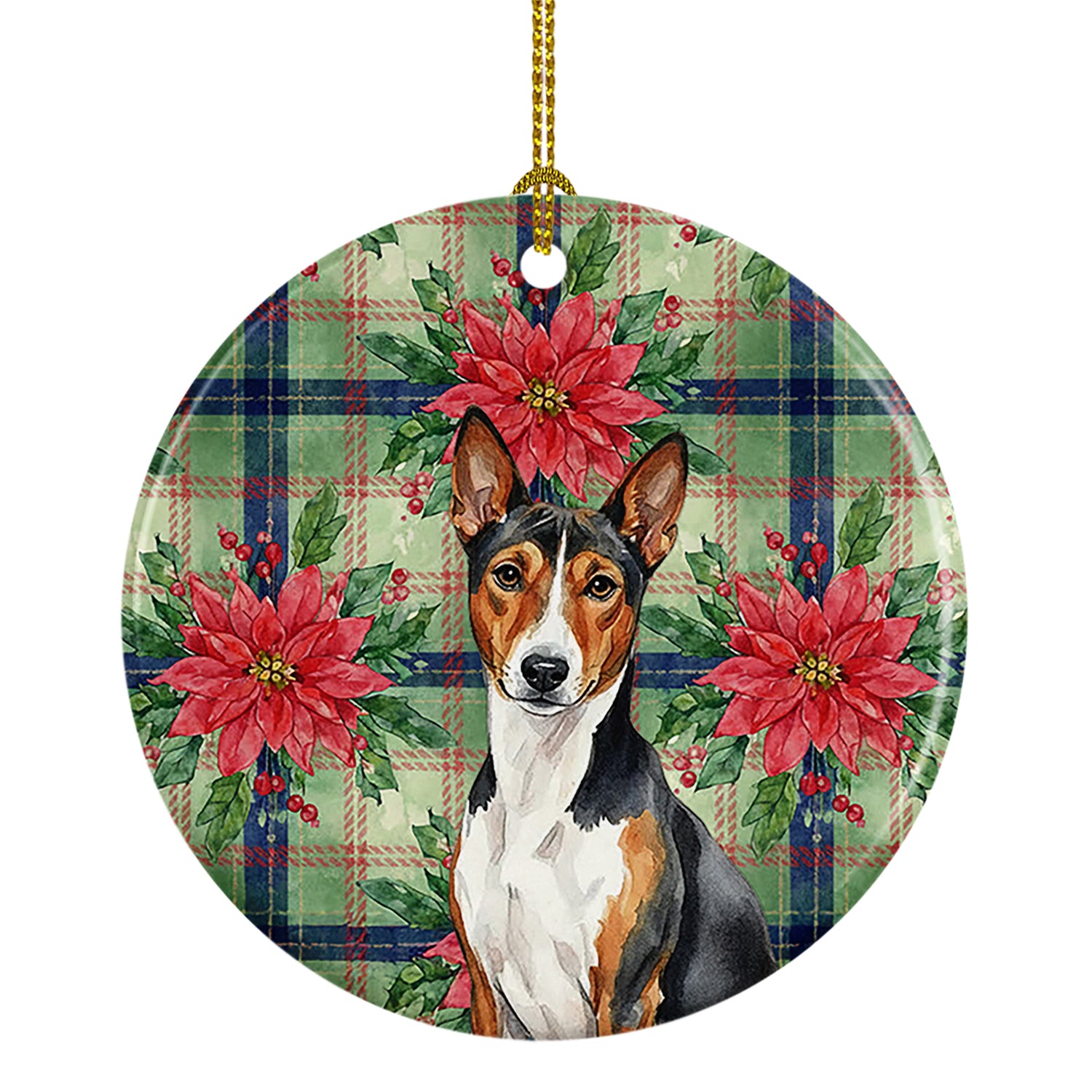 Caroline's Treasures Tricolor and White Basenji Christmas PoinsettIas Ceramic Ornament