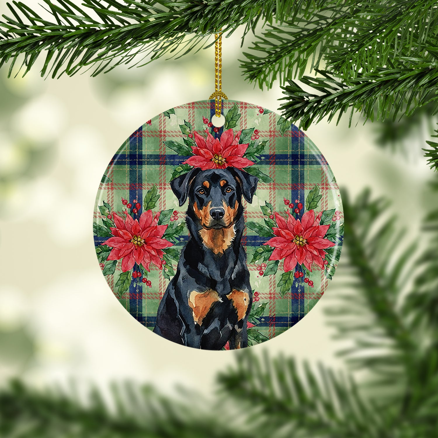 Caroline's Treasures Beauceron Christmas PoinsettIas Ceramic Ornament