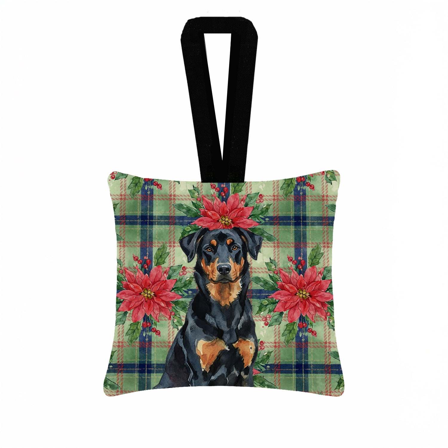 Caroline's Treasures Beauceron Christmas PoinsettIas Hanging Square Fabric Ornament 3.5 x 3.5