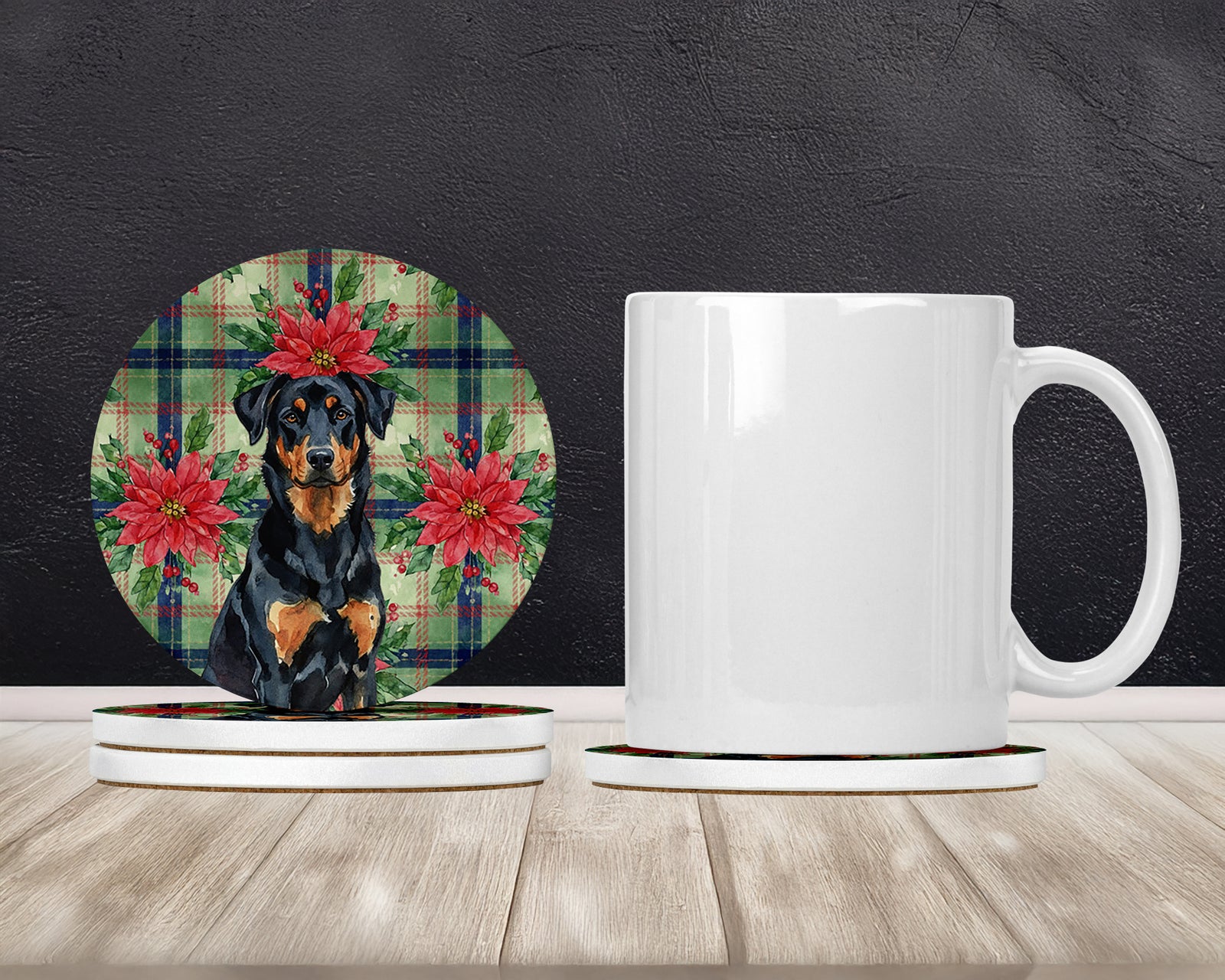 Caroline's Treasures Beauceron Christmas PoinsettIas Large Sandstone Coasters Pack of 4
