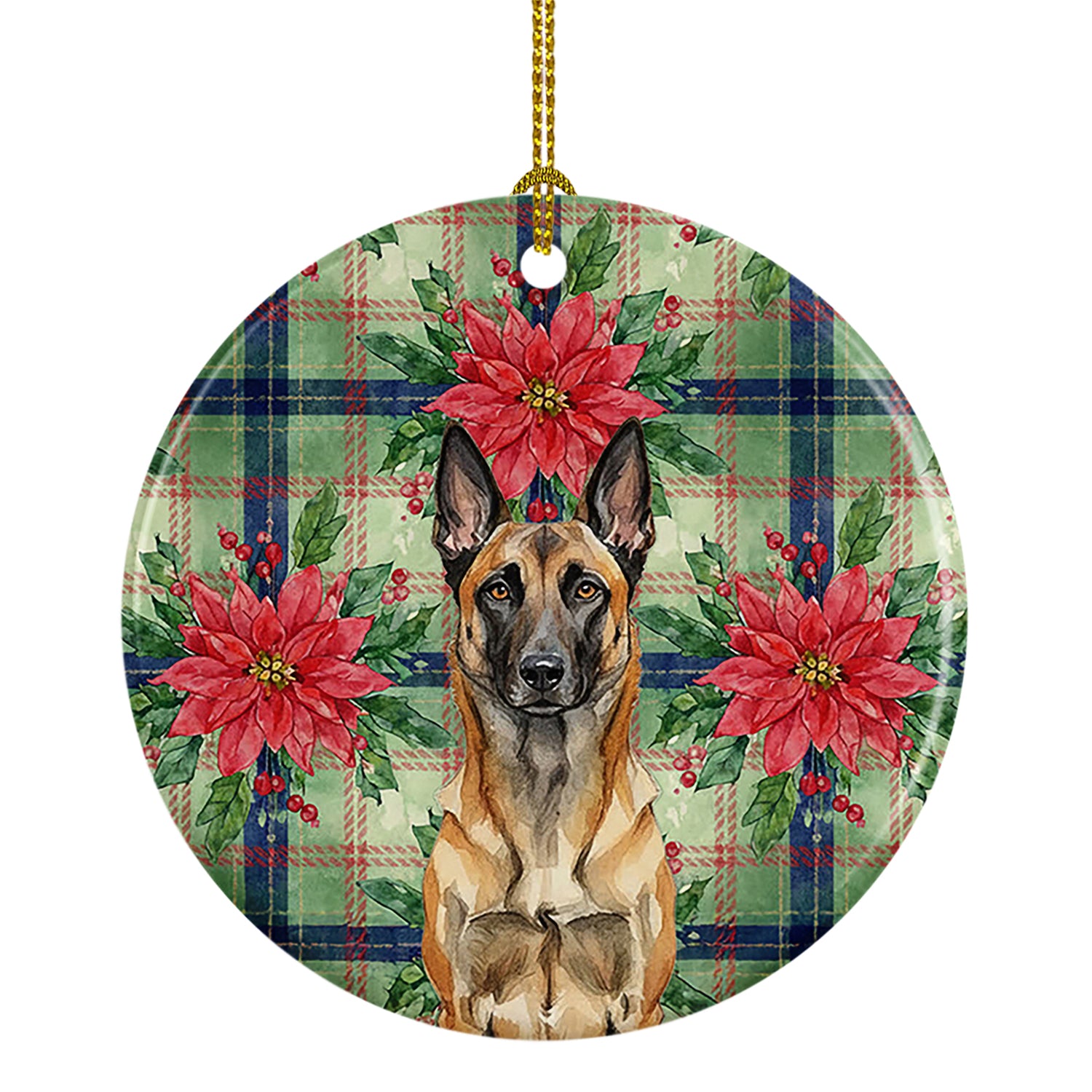 Caroline's Treasures Belgian Malinois Christmas PoinsettIas Ceramic Ornament