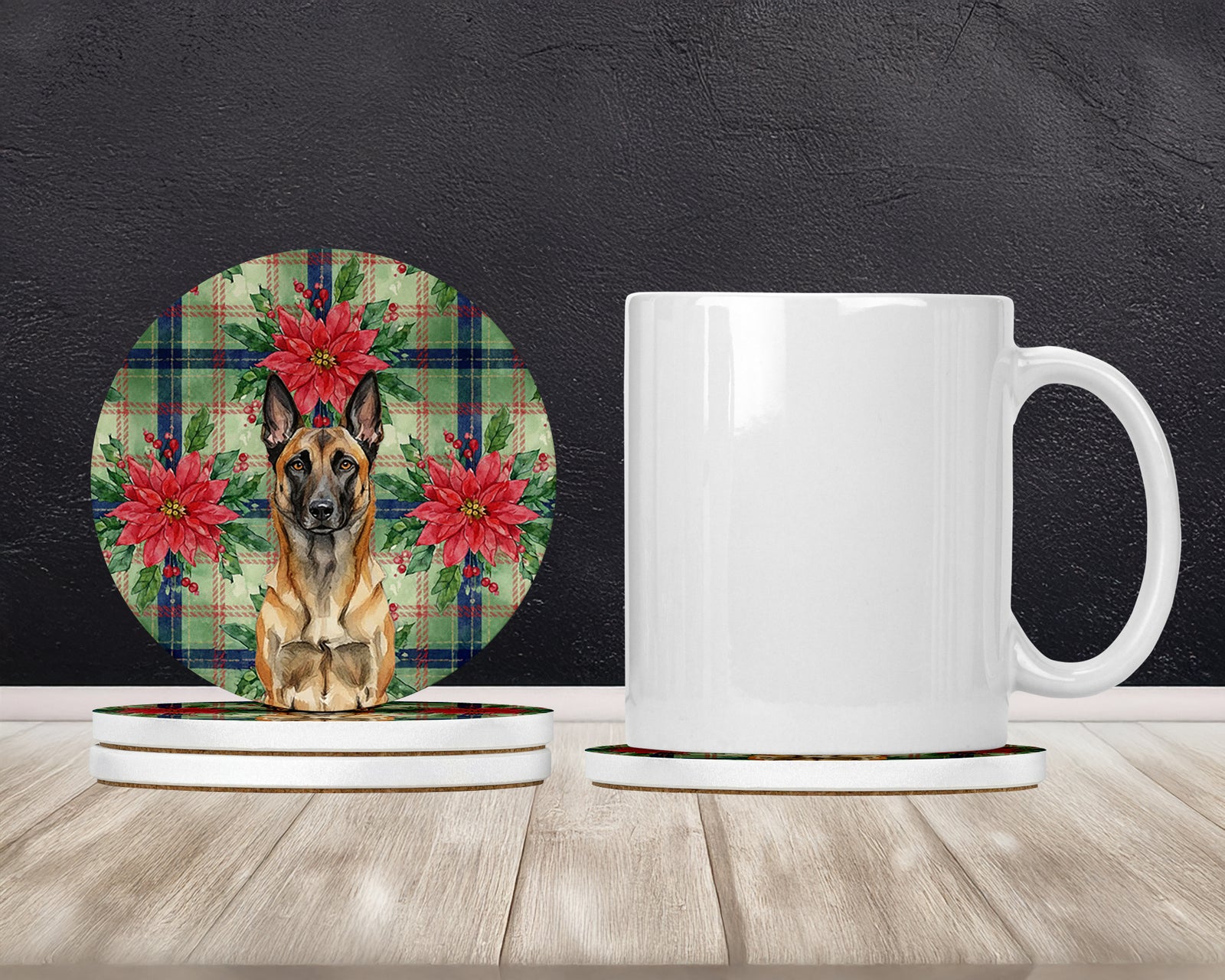 Caroline's Treasures Belgian Malinois Christmas PoinsettIas Large Sandstone Coasters Pack of 4