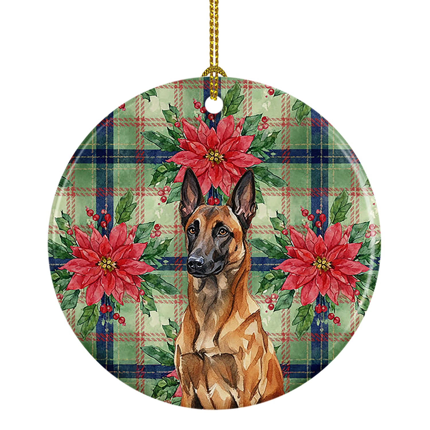 Caroline's Treasures Mahogany Belgian Malinois Christmas PoinsettIas Ceramic Ornament