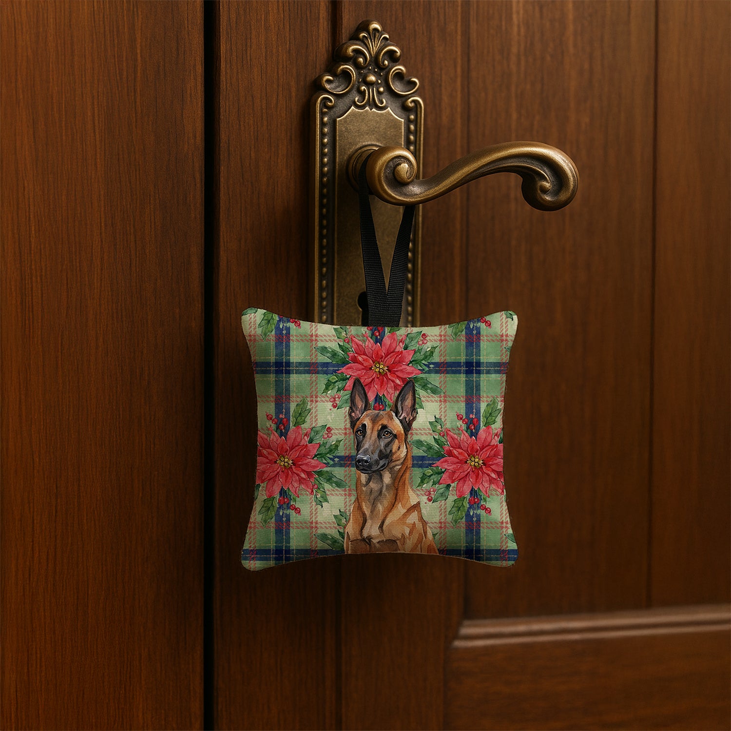 Caroline's Treasures Mahogany Belgian Malinois Christmas PoinsettIas Hanging Square Fabric Ornament 3.5 x 3.5