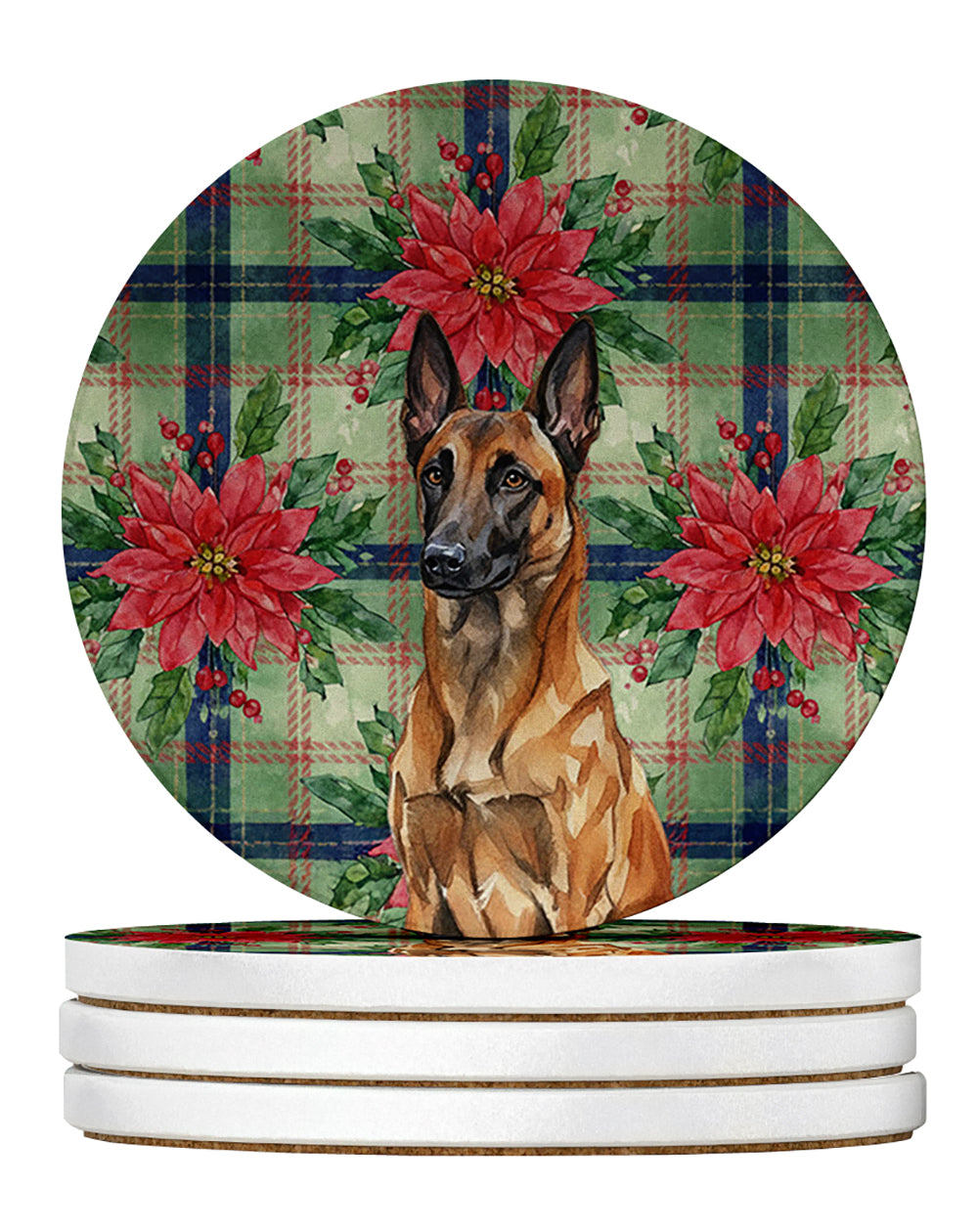 Caroline's Treasures Mahogany Belgian Malinois Christmas PoinsettIas Large Sandstone Coasters Pack of 4