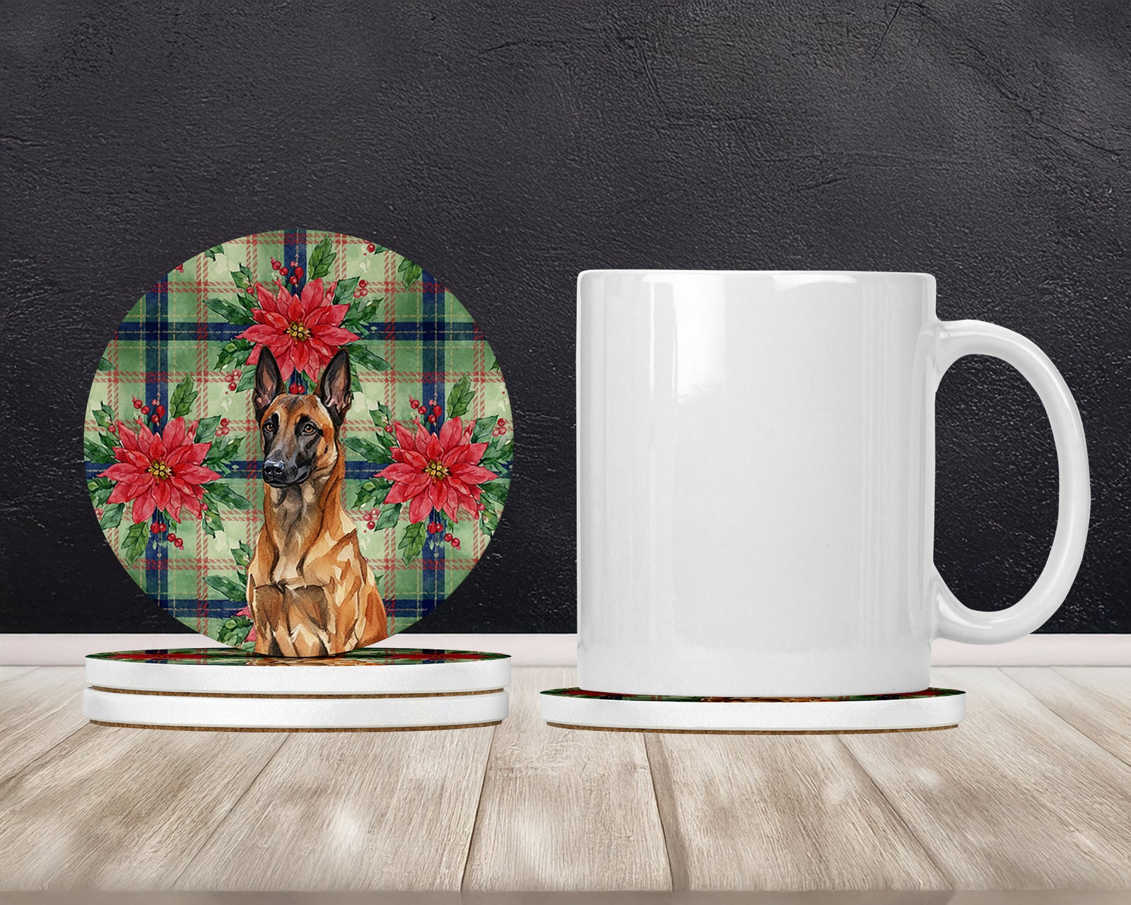 Caroline's Treasures Mahogany Belgian Malinois Christmas PoinsettIas Large Sandstone Coasters Pack of 4