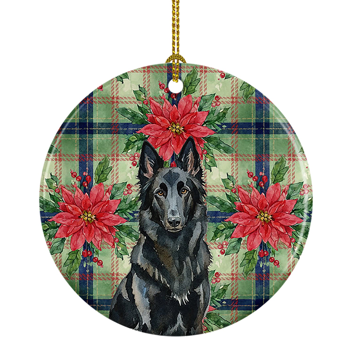 Caroline's Treasures Belgian Sheepdog Groenendael Christmas PoinsettIas Ceramic Ornament