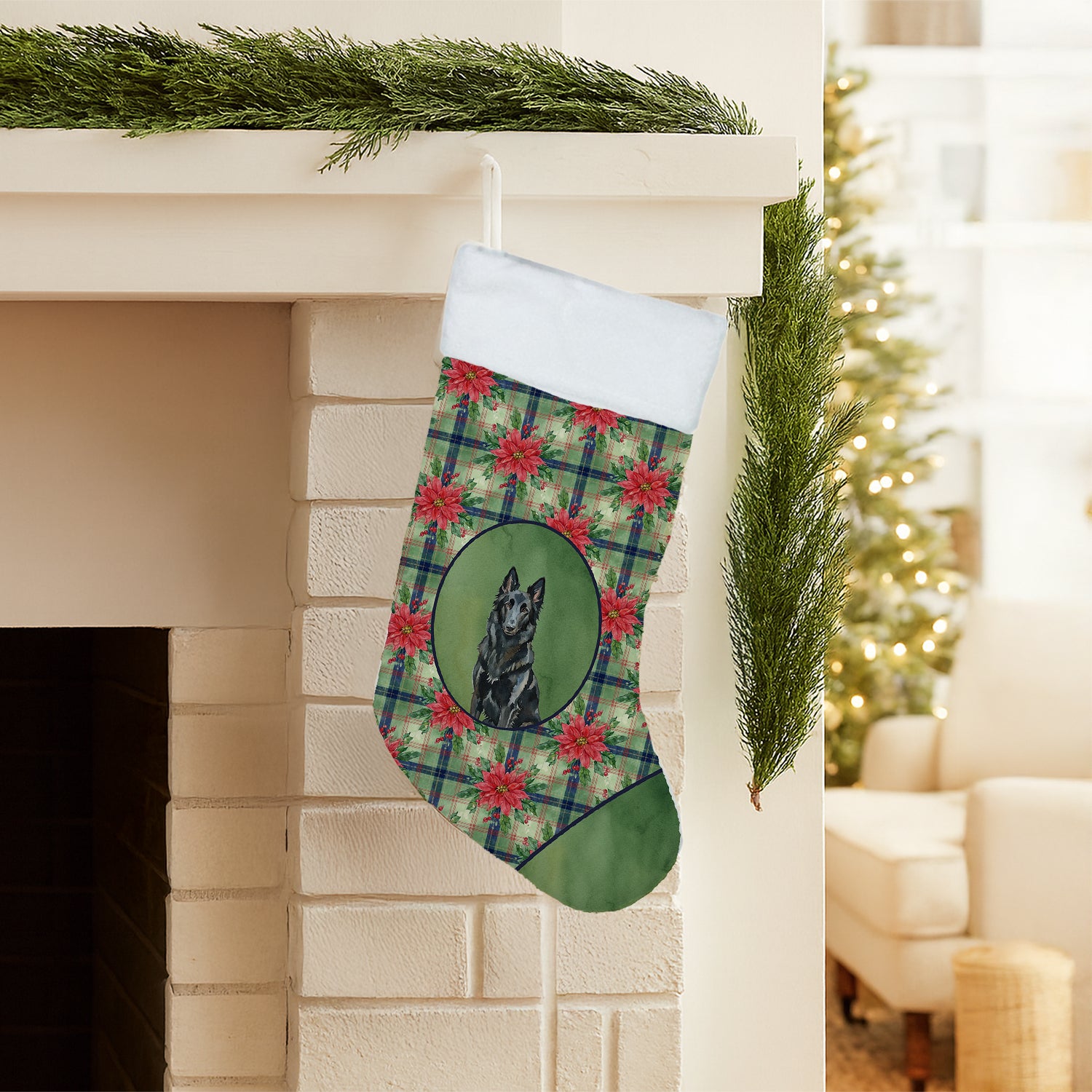 Caroline's Treasures Belgian Sheepdog Groenendael Christmas PoinsettIas Holiday Stocking