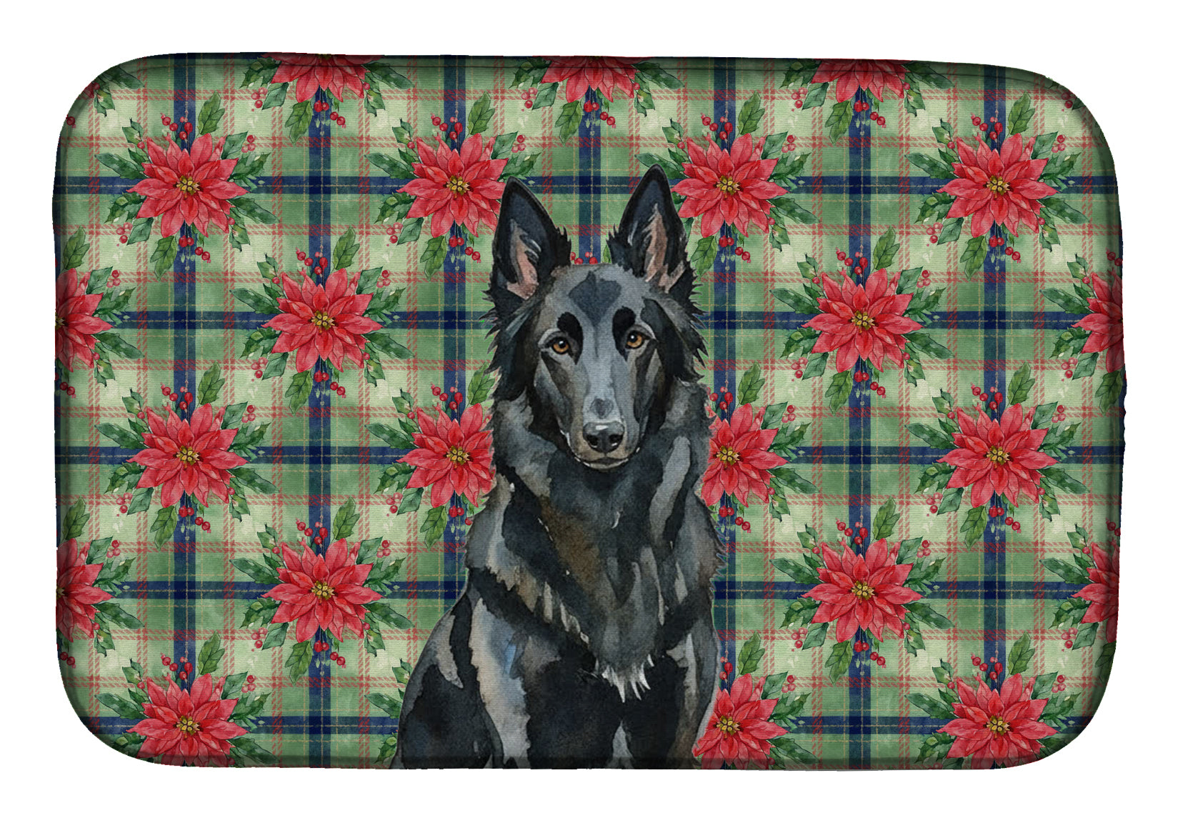 Caroline's Treasures Belgian Sheepdog Groenendael Christmas PoinsettIas Dish Drying Mat