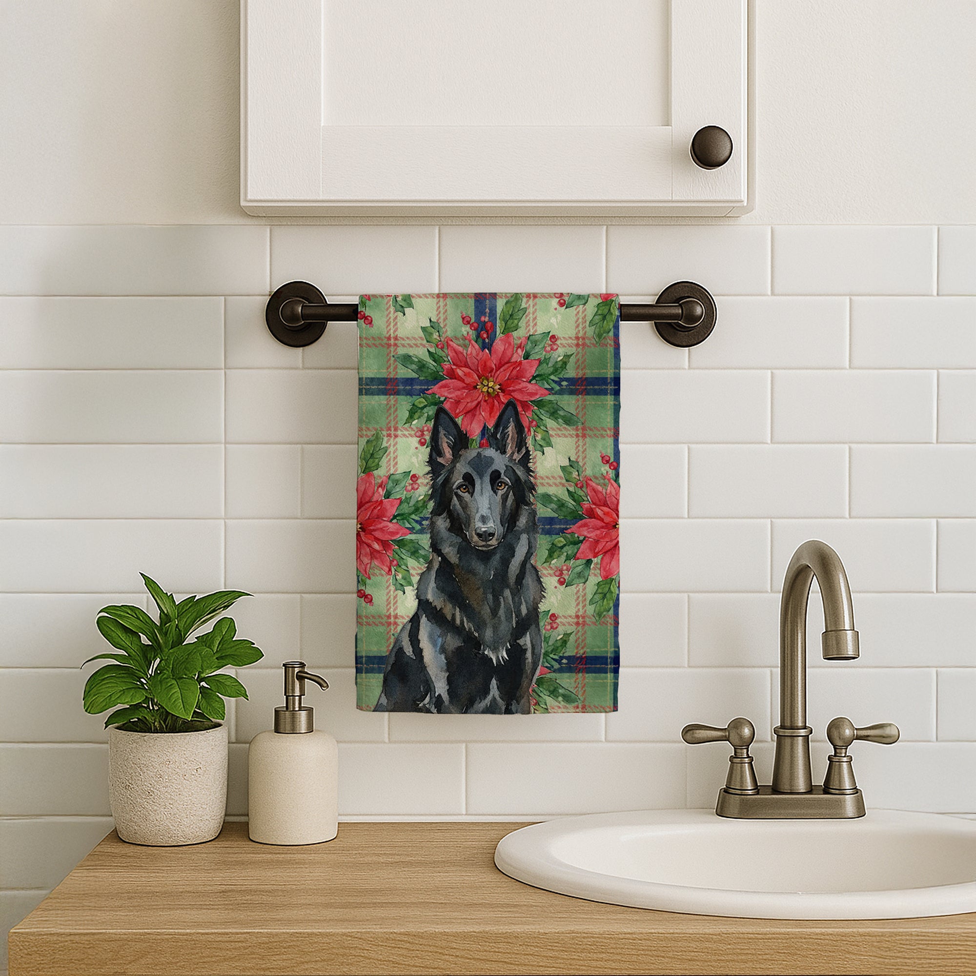 Caroline's Treasures Belgian Sheepdog Groenendael Christmas PoinsettIas Kitchen Towel