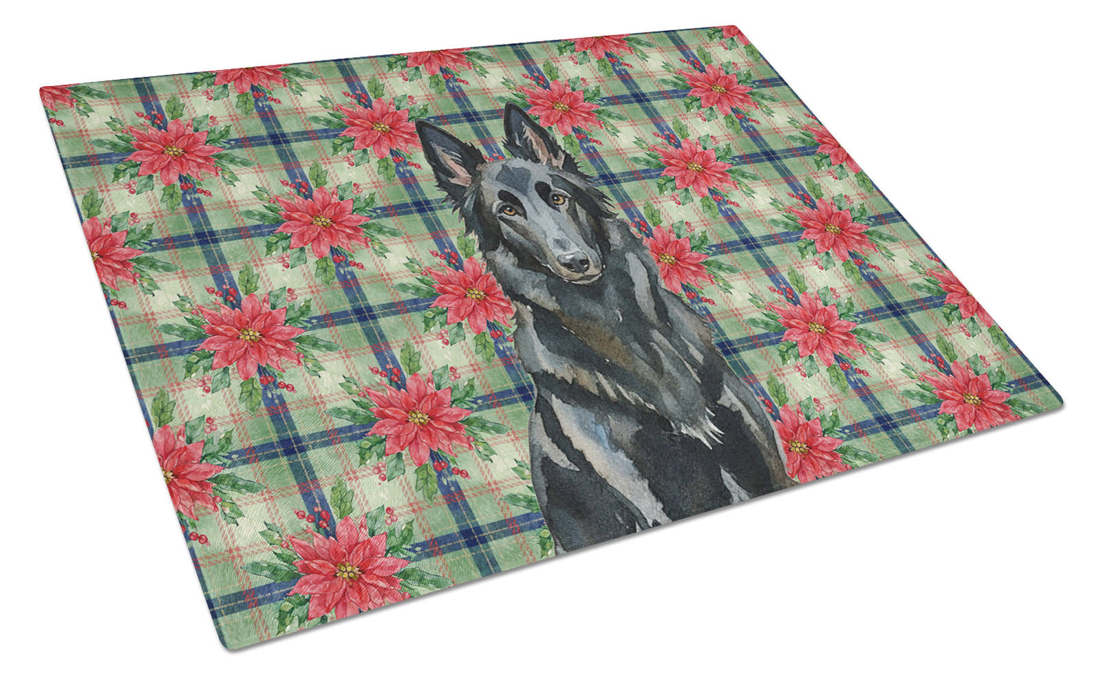 Caroline's Treasures Belgian Sheepdog Groenendael Christmas PoinsettIas Glass Cutting Board