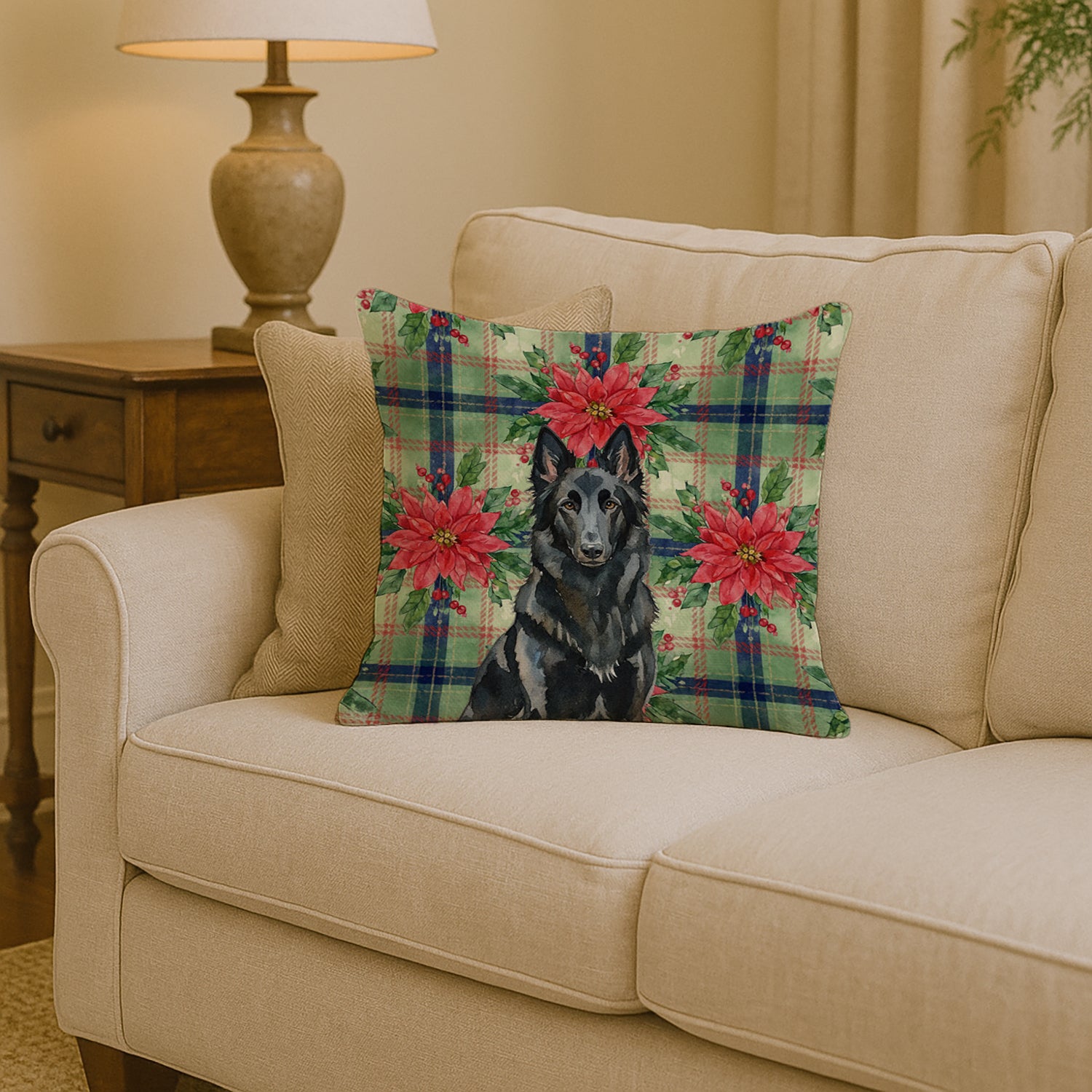 Caroline's Treasures Belgian Sheepdog Groenendael Christmas PoinsettIas Throw Pillow