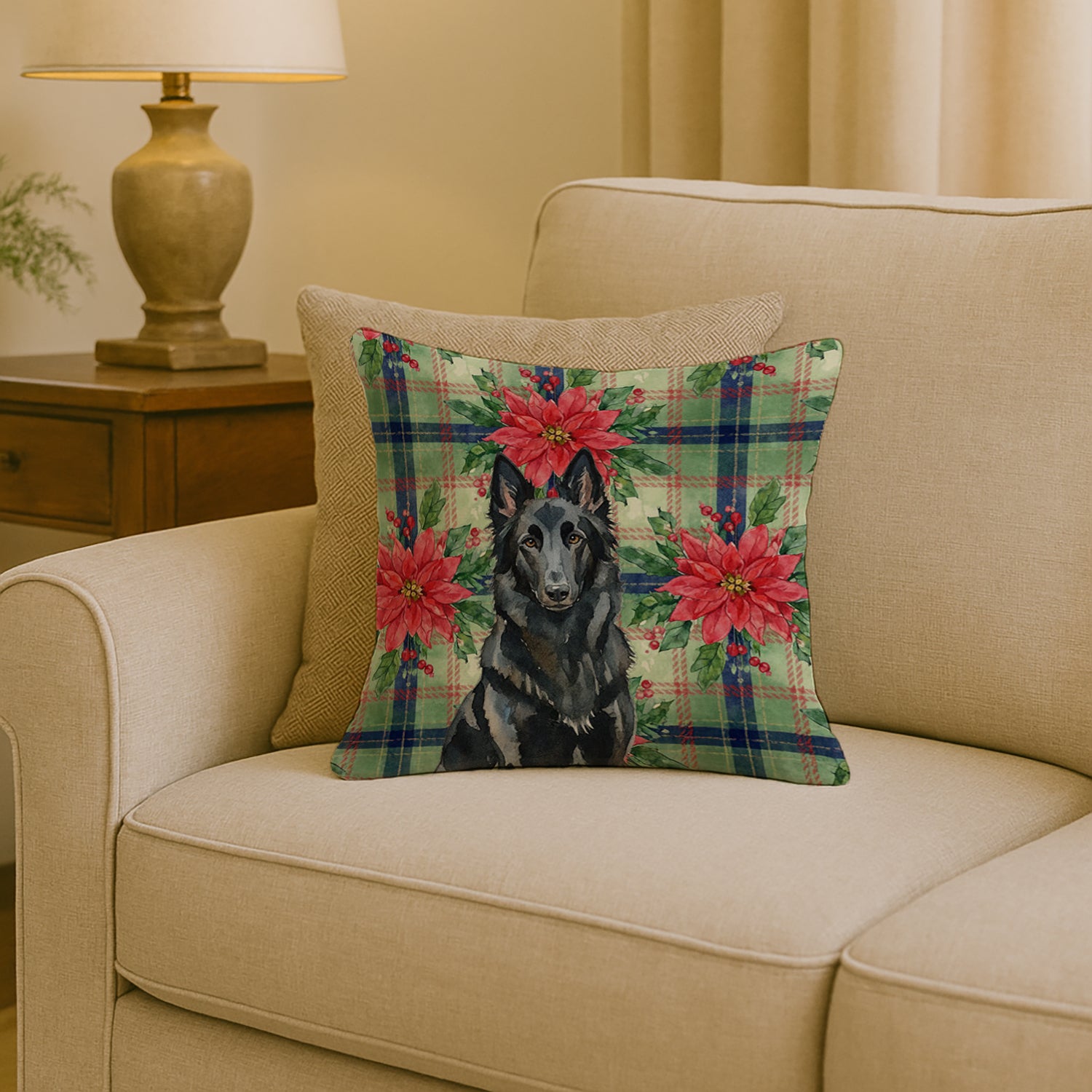 Caroline's Treasures Belgian Sheepdog Groenendael Christmas PoinsettIas Throw Pillow