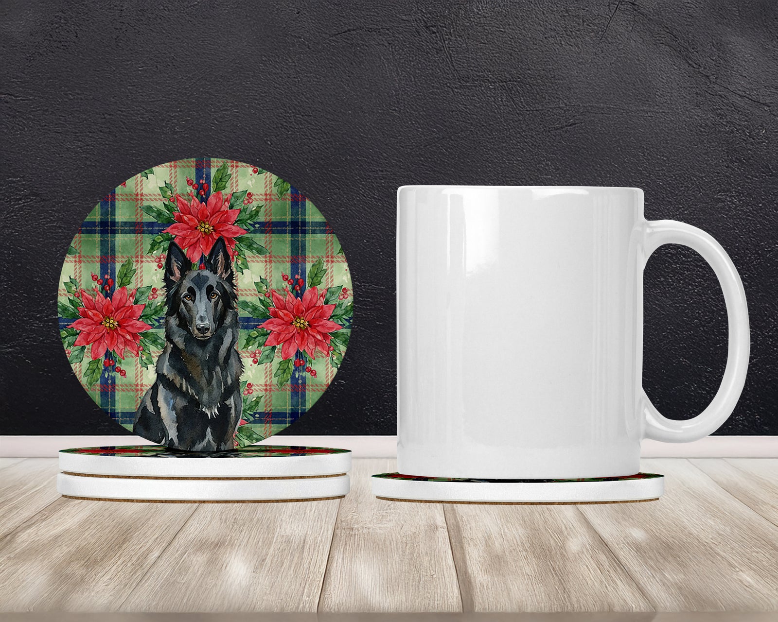 Caroline's Treasures Belgian Sheepdog Groenendael Christmas PoinsettIas Large Sandstone Coasters Pack of 4
