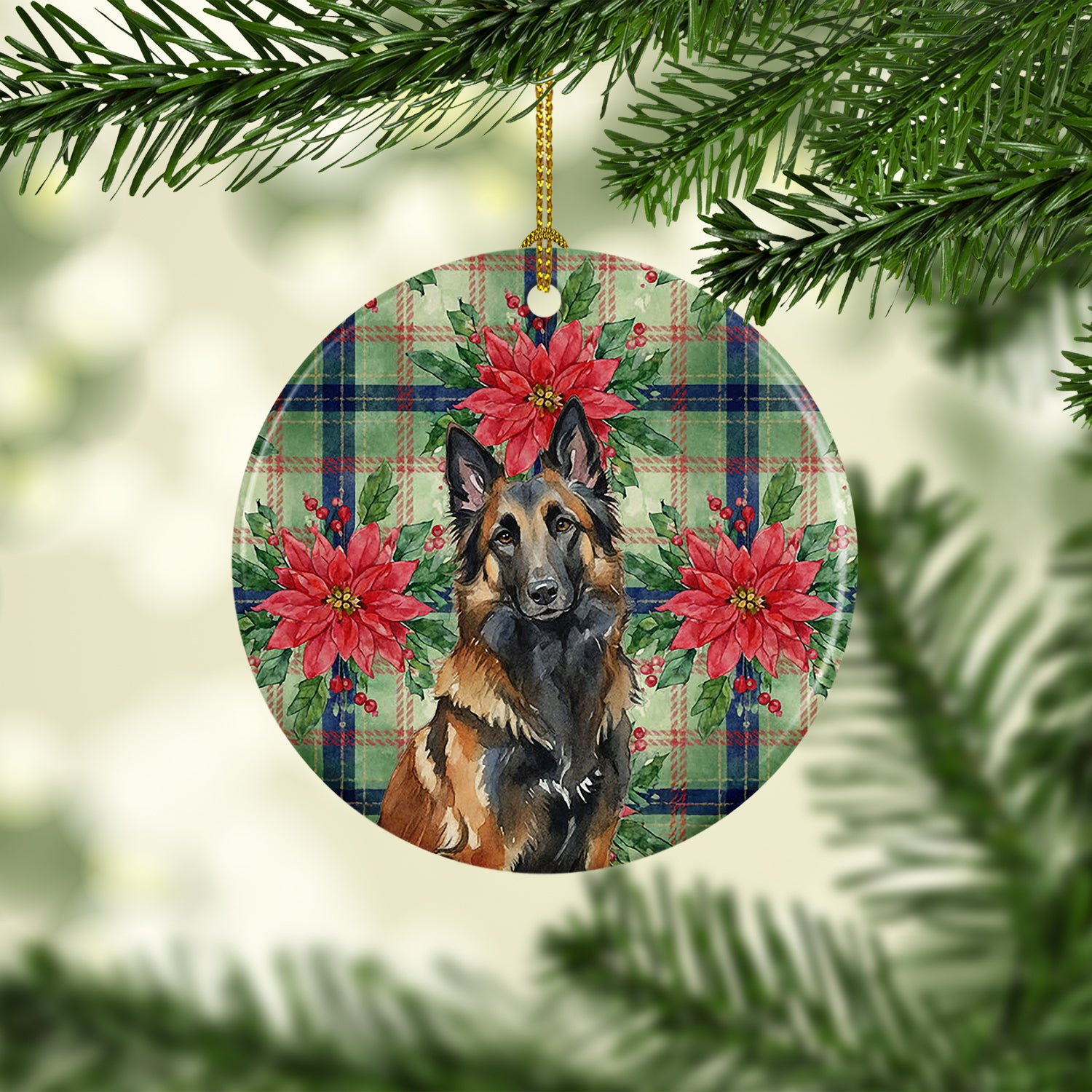 Caroline's Treasures Belgian Tervuren Christmas PoinsettIas Ceramic Ornament