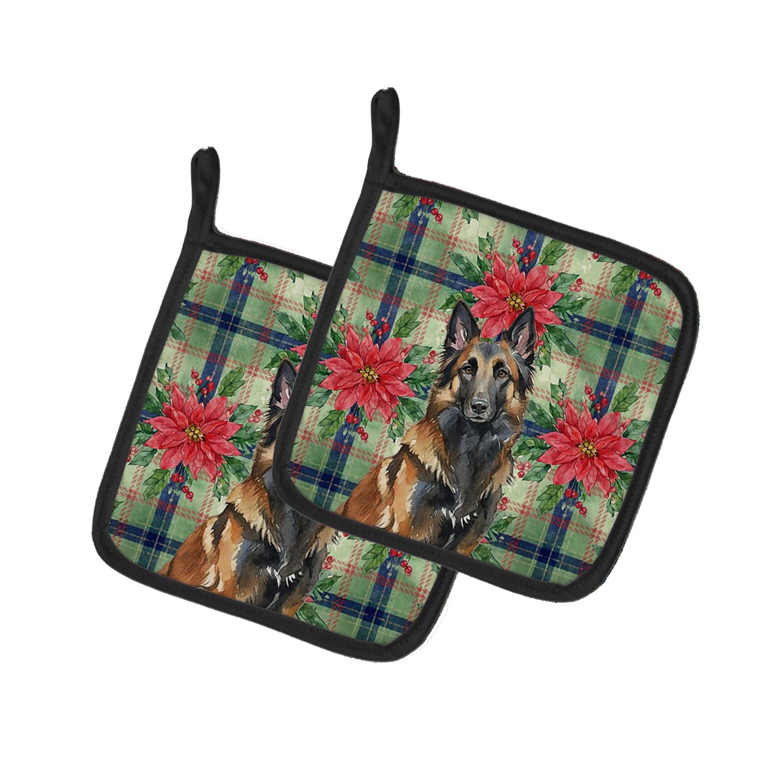 Caroline's Treasures Belgian Tervuren Christmas PoinsettIas Pair of Pot Holders
