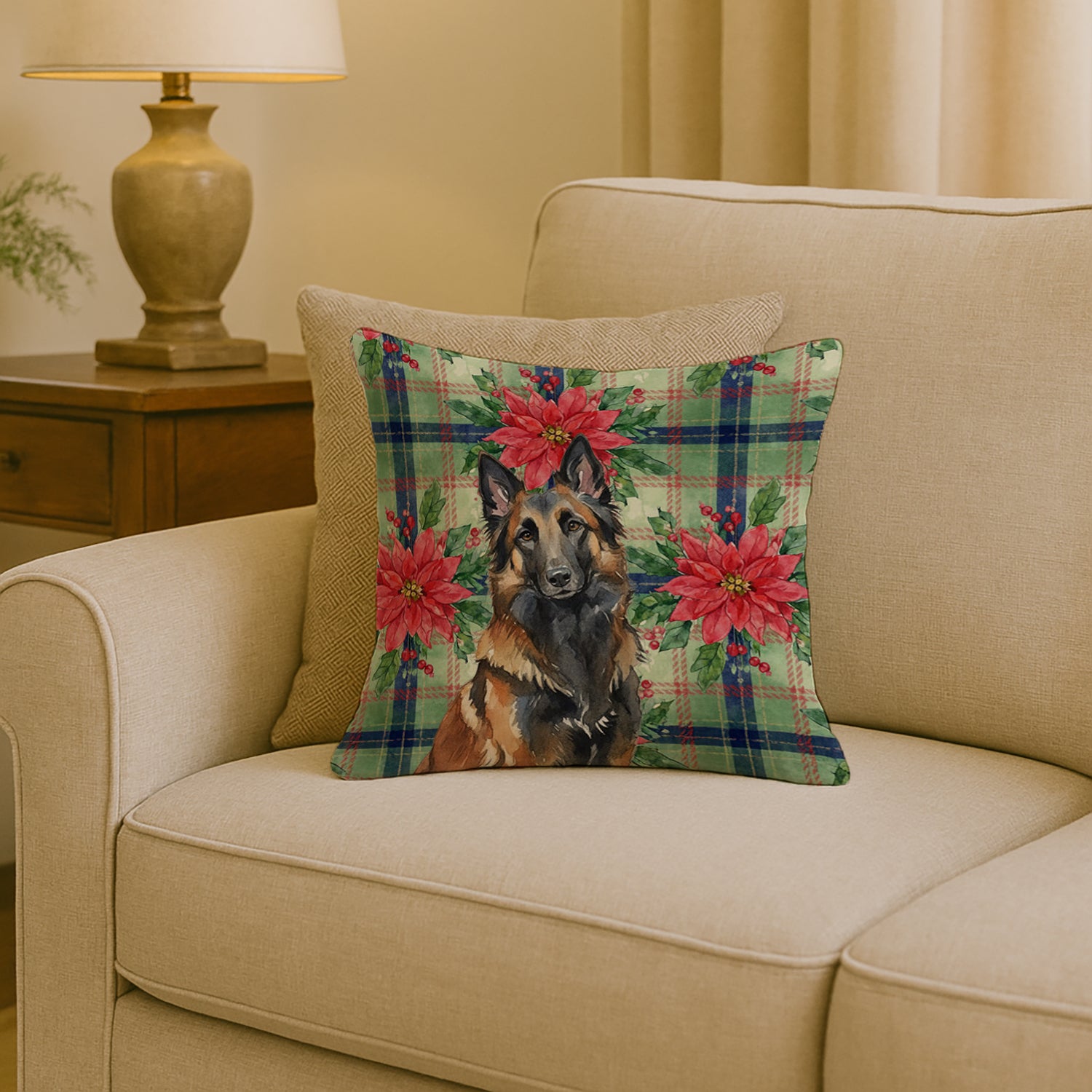 Caroline's Treasures Belgian Tervuren Christmas PoinsettIas Throw Pillow