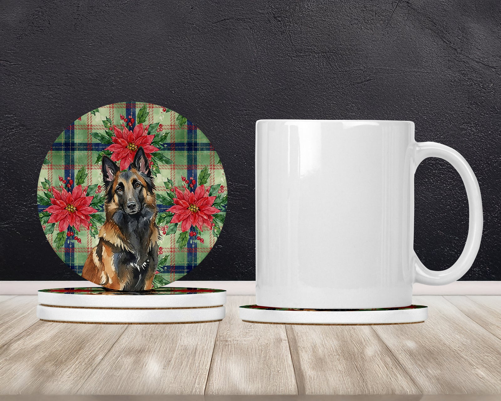 Caroline's Treasures Belgian Tervuren Christmas PoinsettIas Large Sandstone Coasters Pack of 4