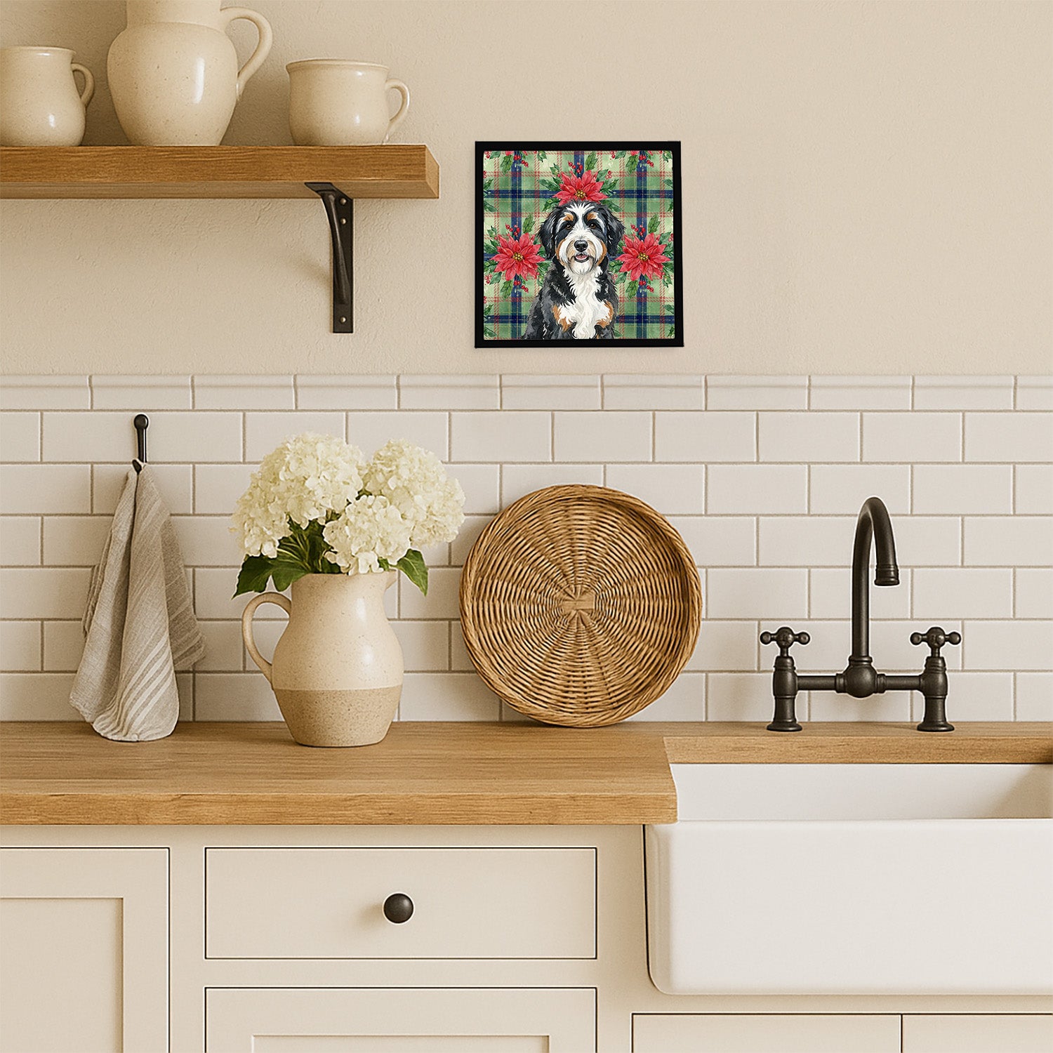 Caroline's Treasures Berndoodle Christmas PoinsettIas Framed Metal Print