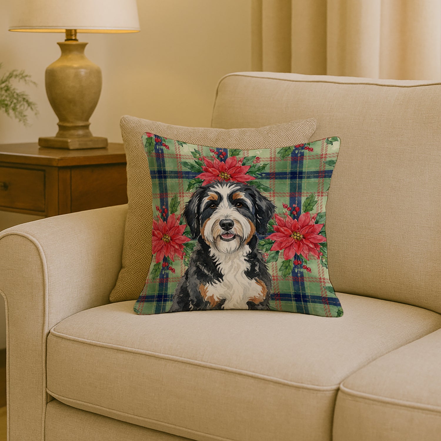 Caroline's Treasures Berndoodle Christmas PoinsettIas Throw Pillow