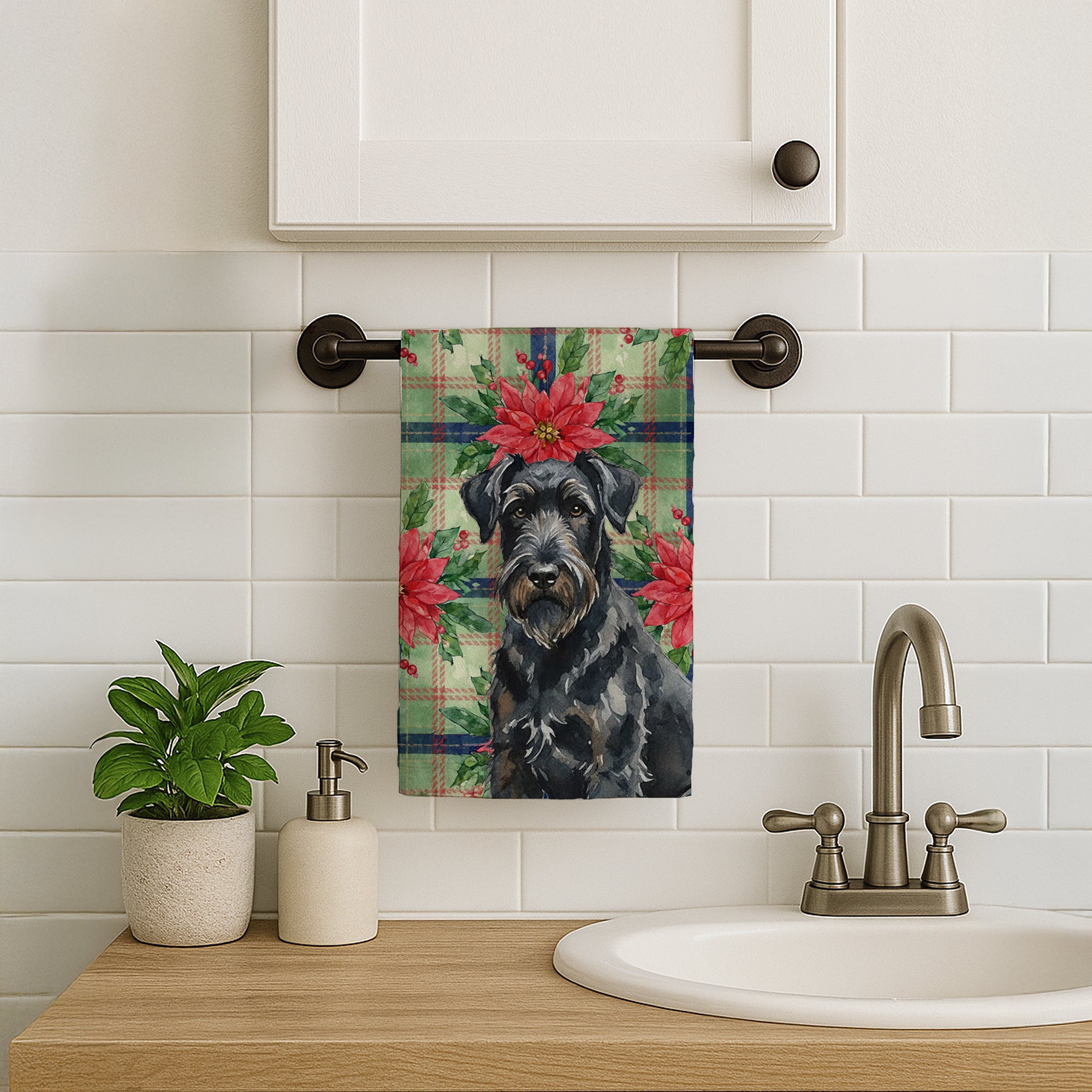 Caroline's Treasures Black Russian Terrier Christmas PoinsettIas Kitchen Towel