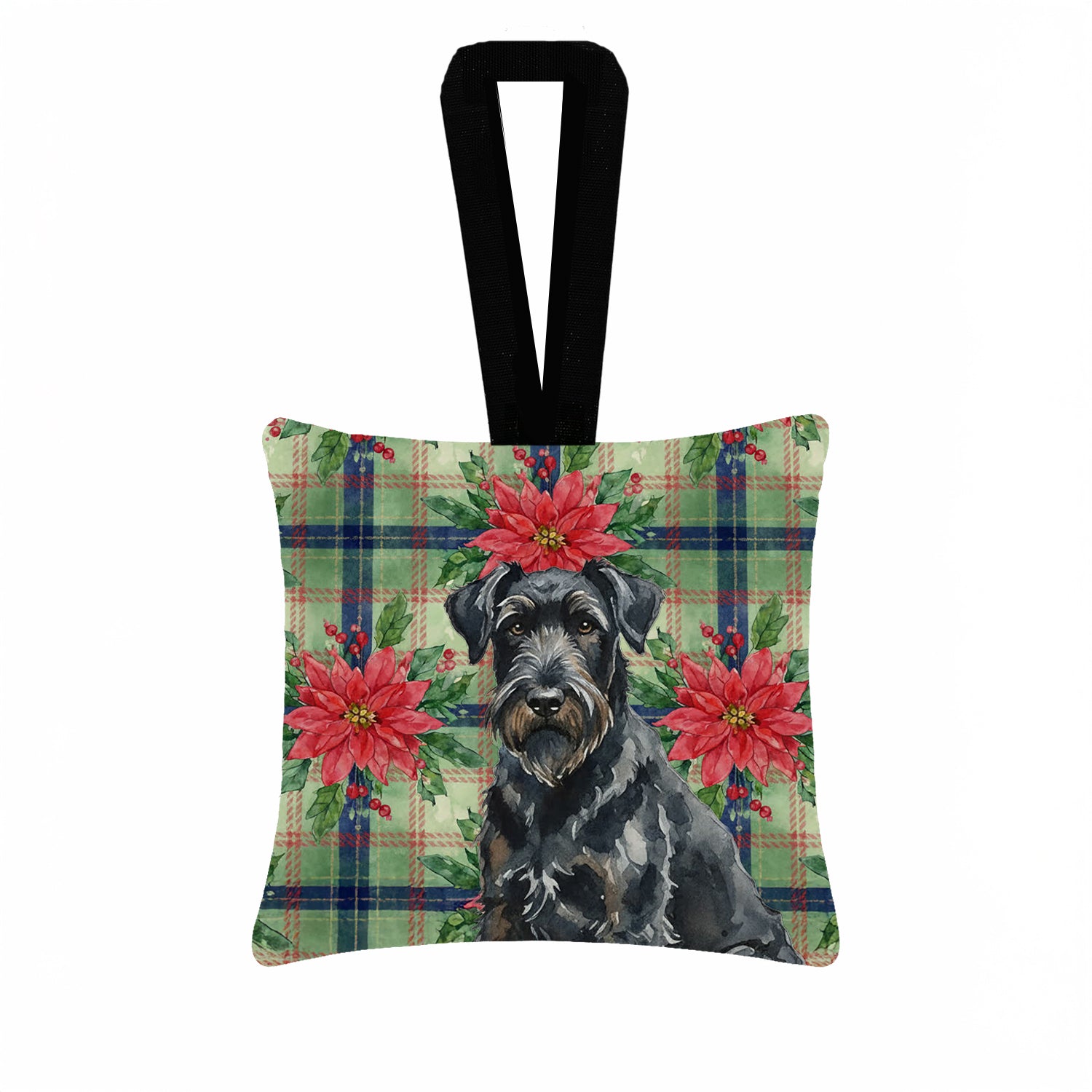 Caroline's Treasures Black Russian Terrier Christmas PoinsettIas Hanging Square Fabric Ornament 3.5 x 3.5