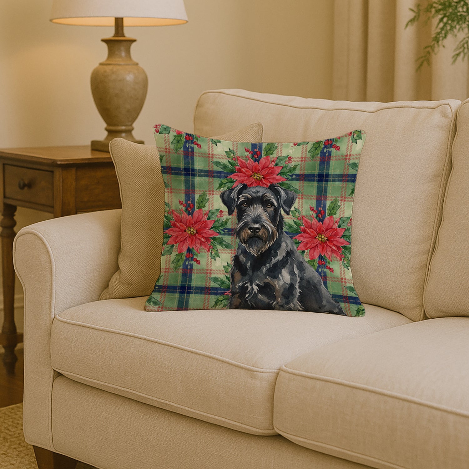 Caroline's Treasures Black Russian Terrier Christmas PoinsettIas Throw Pillow
