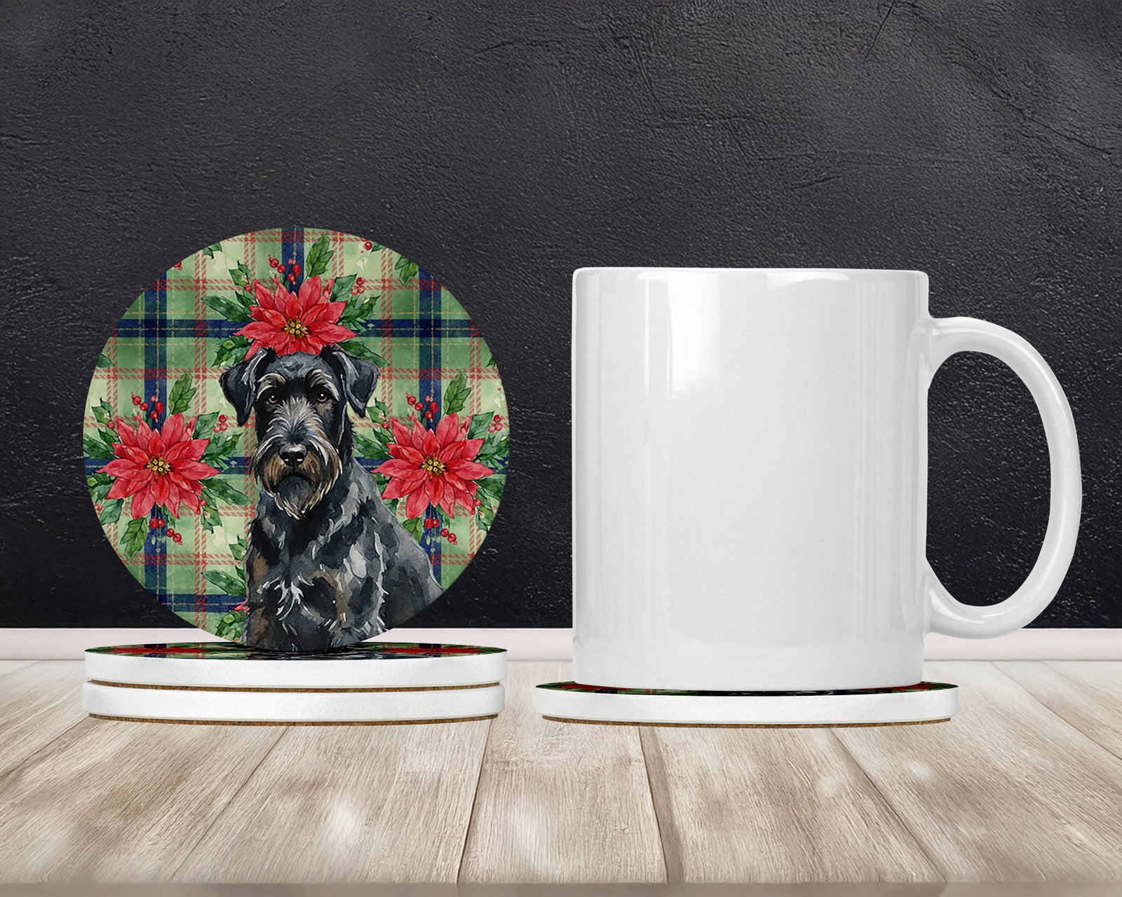 Caroline's Treasures Black Russian Terrier Christmas PoinsettIas Large Sandstone Coasters Pack of 4