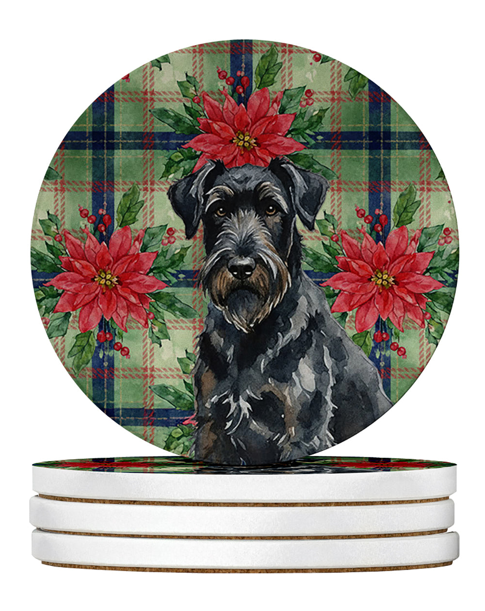 Caroline's Treasures Black Russian Terrier Christmas PoinsettIas Large Sandstone Coasters Pack of 4