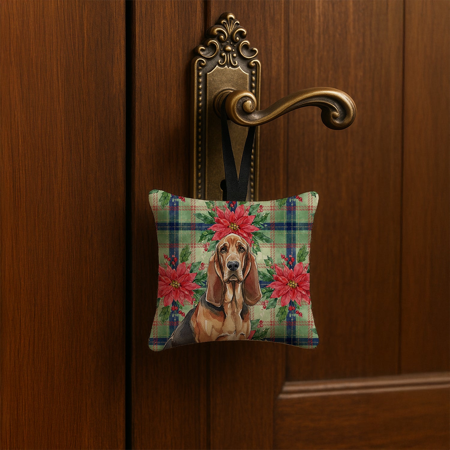 Caroline's Treasures Liver and Tan Bloodhound Christmas PoinsettIas Hanging Square Fabric Ornament 3.5 x 3.5