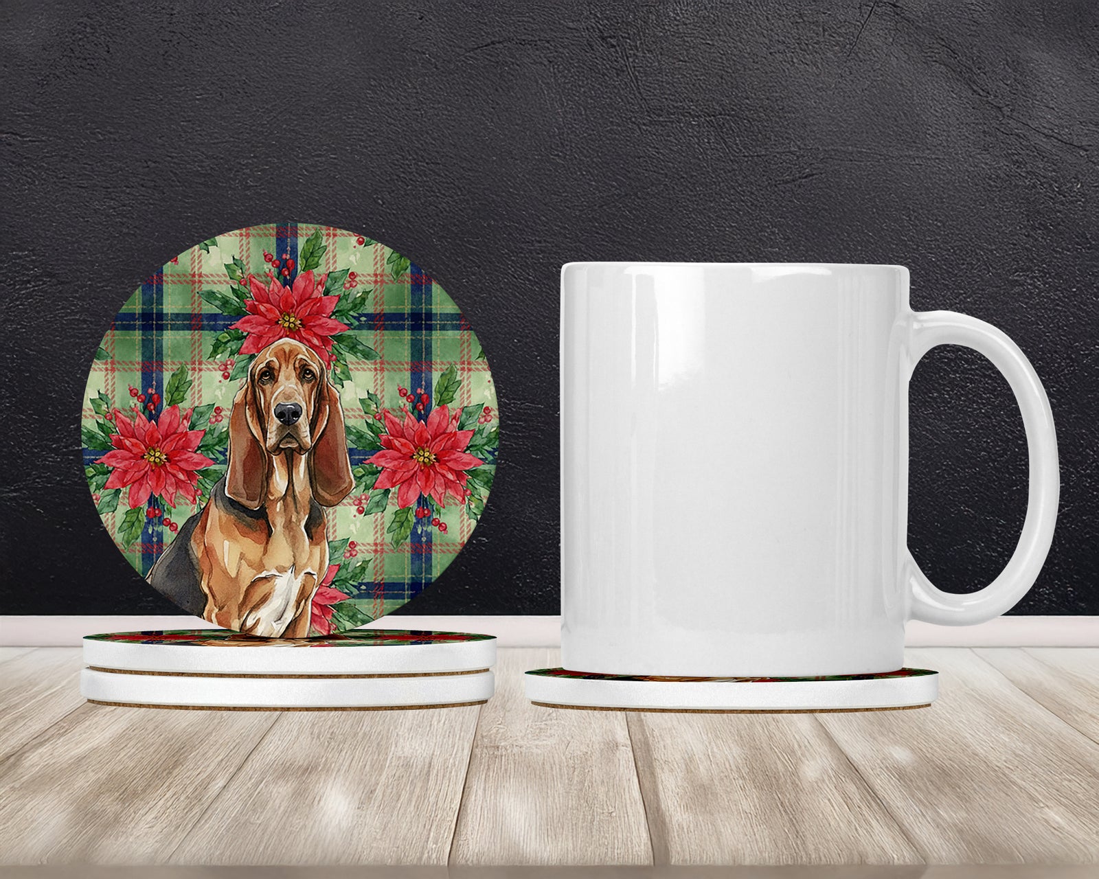 Caroline's Treasures Liver and Tan Bloodhound Christmas PoinsettIas Large Sandstone Coasters Pack of 4
