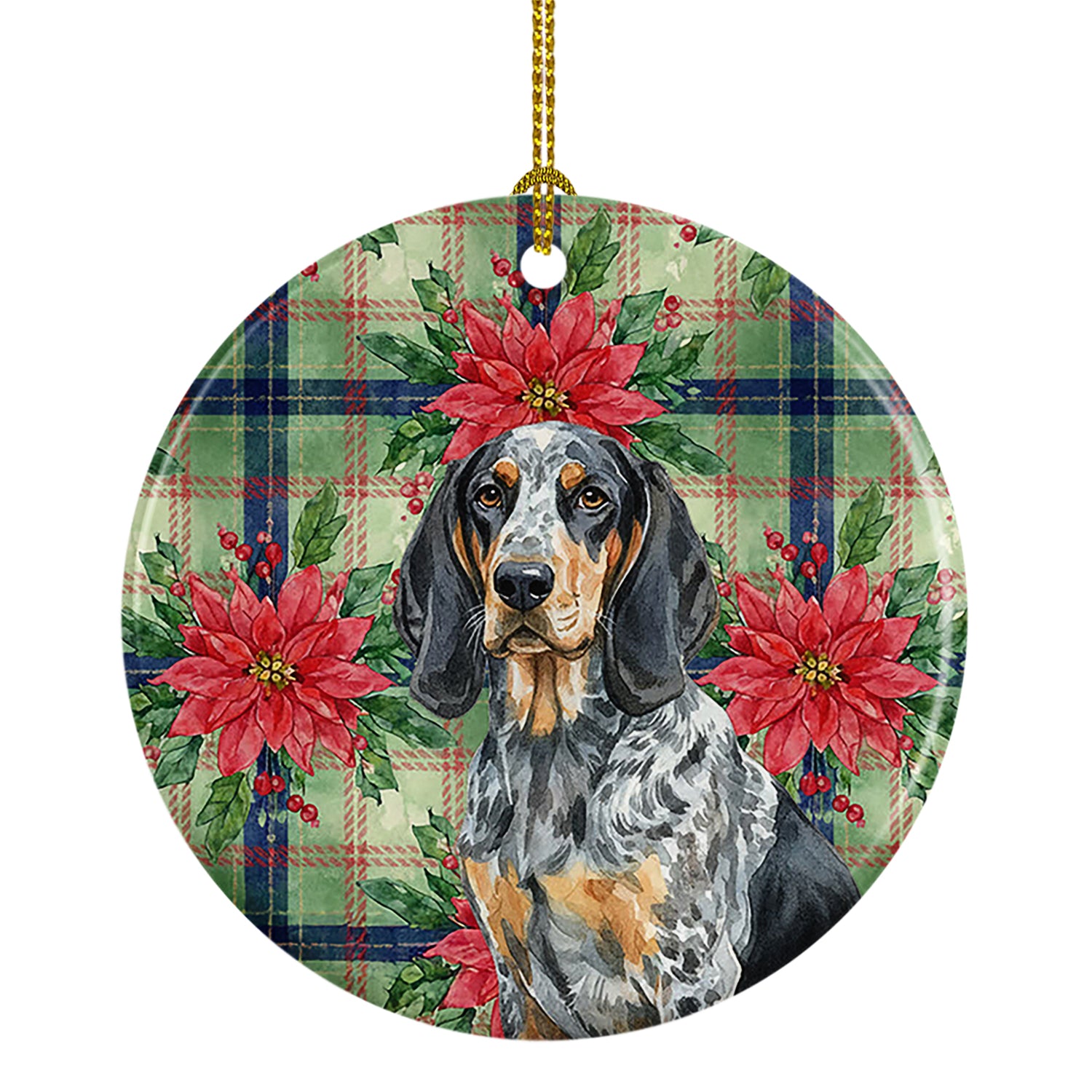 Caroline's Treasures Bluetick Coonhound Christmas PoinsettIas Ceramic Ornament