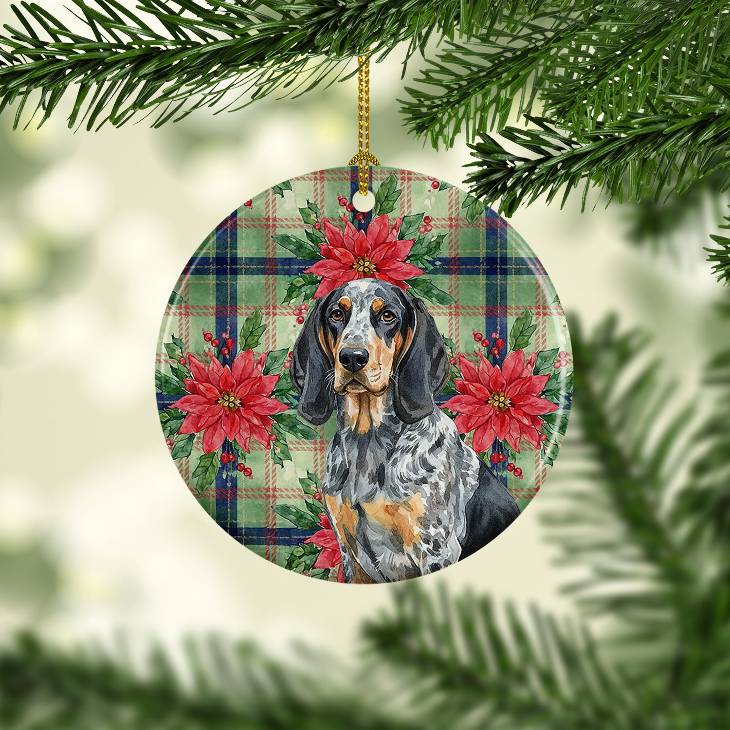 Caroline's Treasures Bluetick Coonhound Christmas PoinsettIas Ceramic Ornament