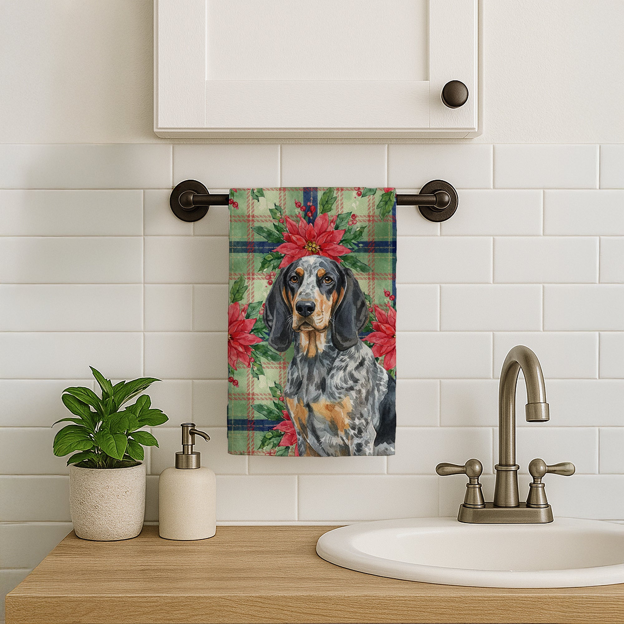 Caroline's Treasures Bluetick Coonhound Christmas PoinsettIas Kitchen Towel