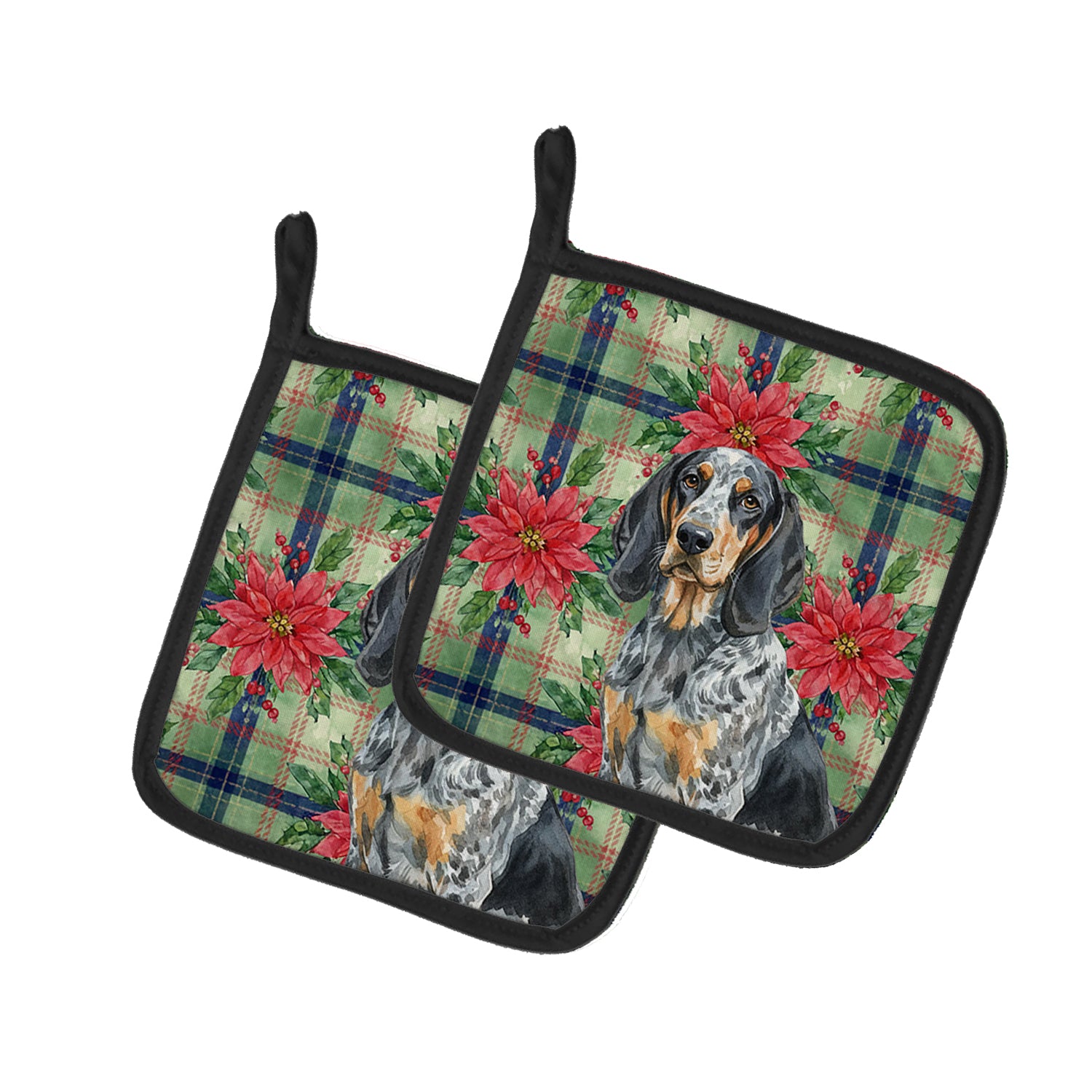 Caroline's Treasures Bluetick Coonhound Christmas PoinsettIas Pair of Pot Holders
