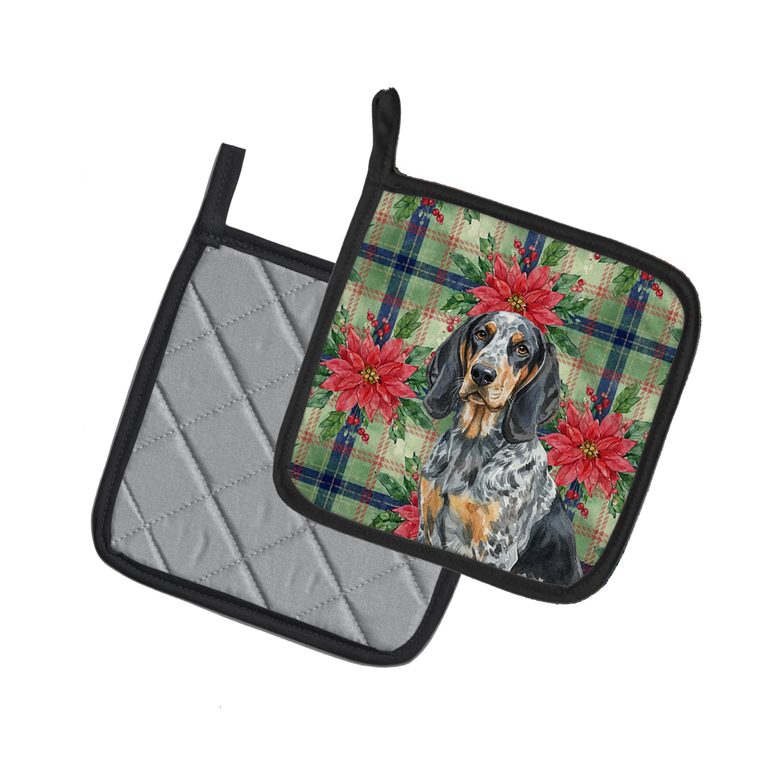 Caroline's Treasures Bluetick Coonhound Christmas PoinsettIas Pair of Pot Holders
